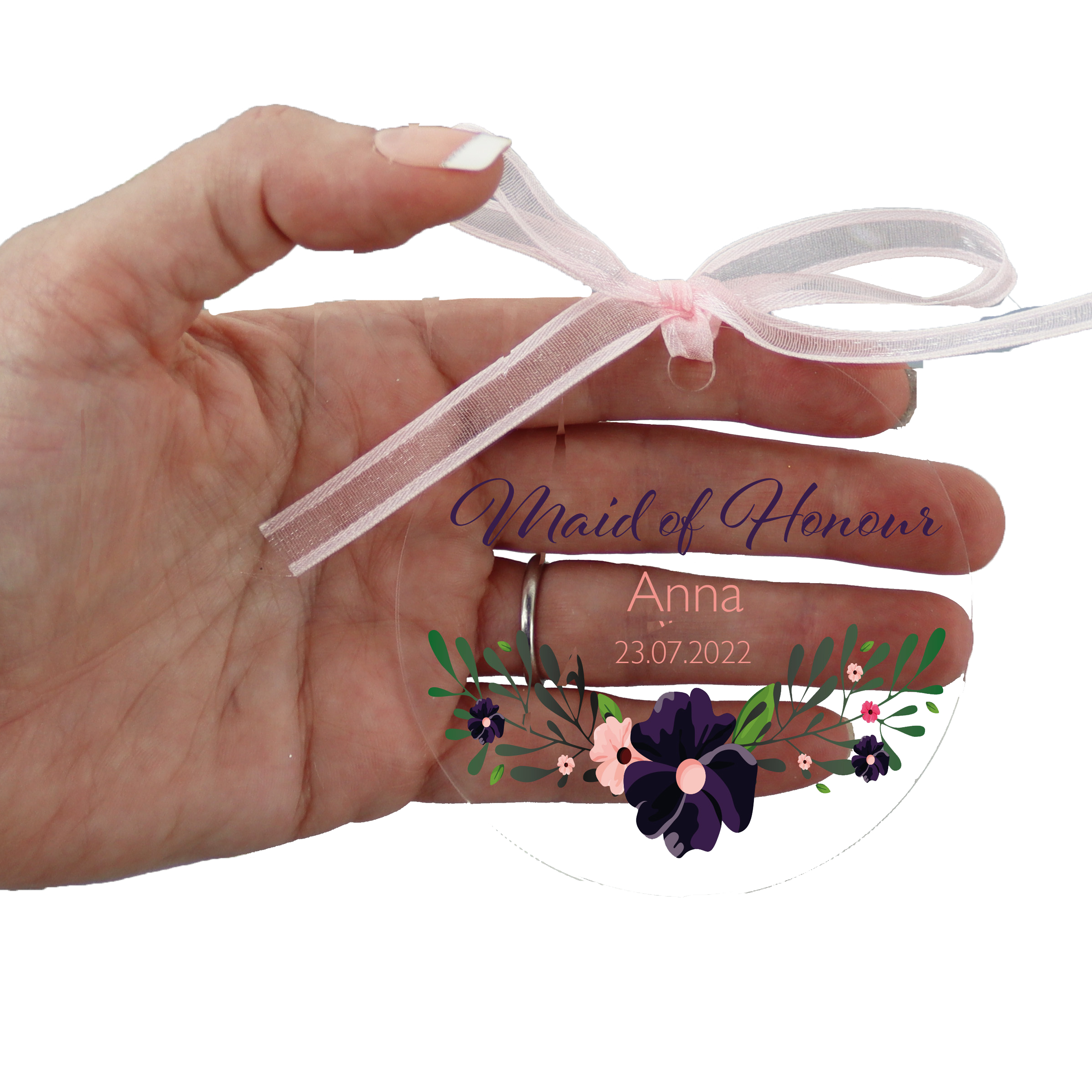 Personalised Clear Wedding Hanger Tag Purple