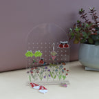 acrylic wildflower printed earrings shown from a different angle with personalisation as mum's earrings