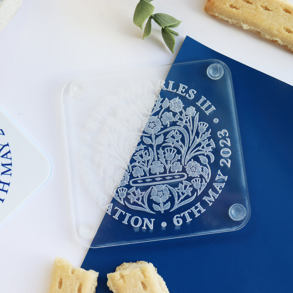 close up of engraved acrylic coronation coaster