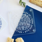 close up of engraved acrylic coronation coaster