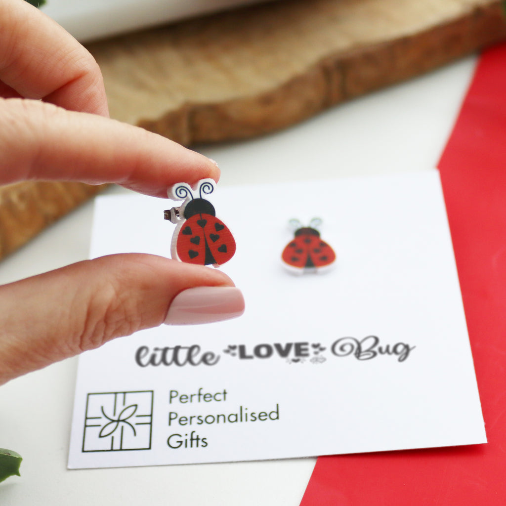 Small stud earrings with lady bird love bug design