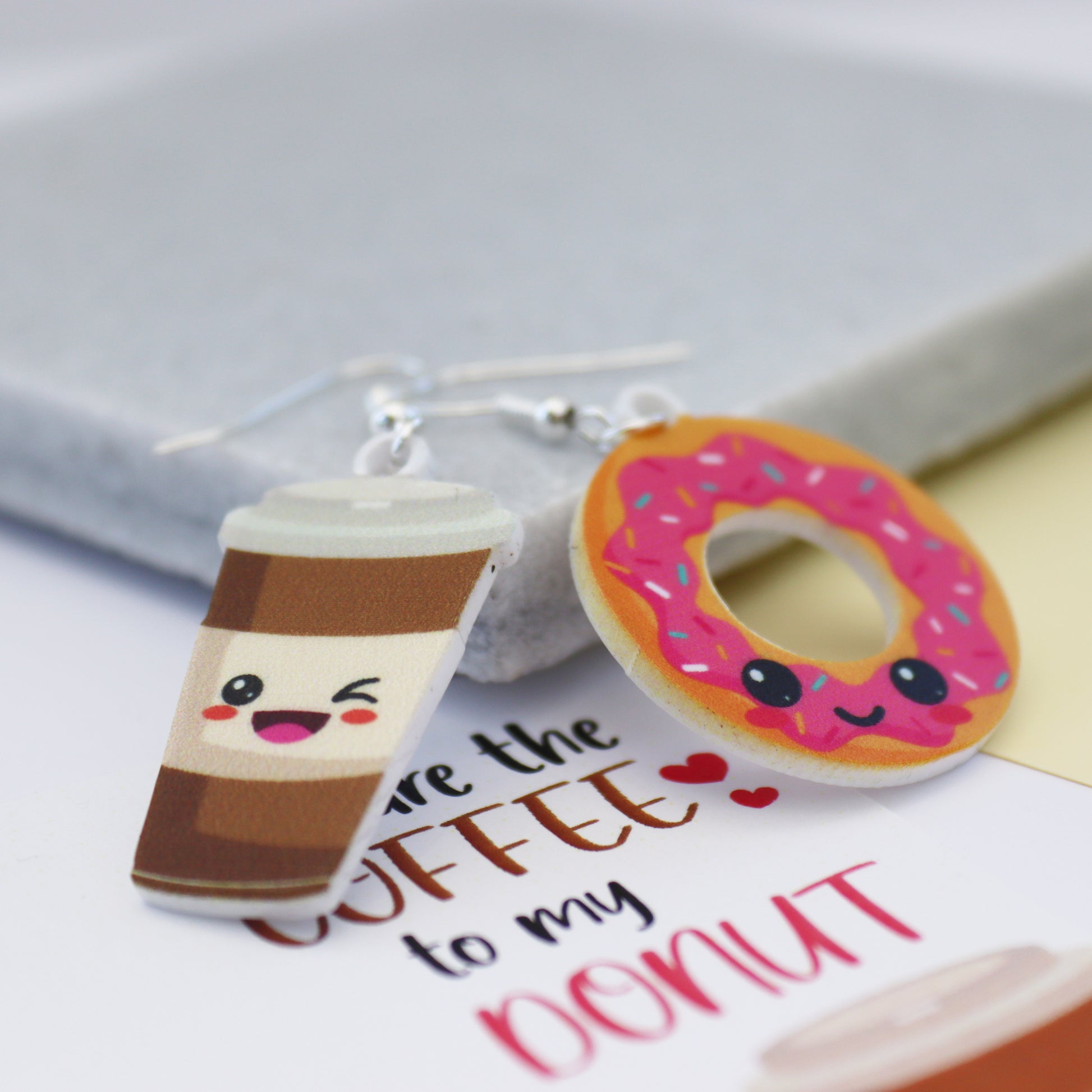 close up of you are the donut to my coffee acrylic earrings handmade in UK gift for friend