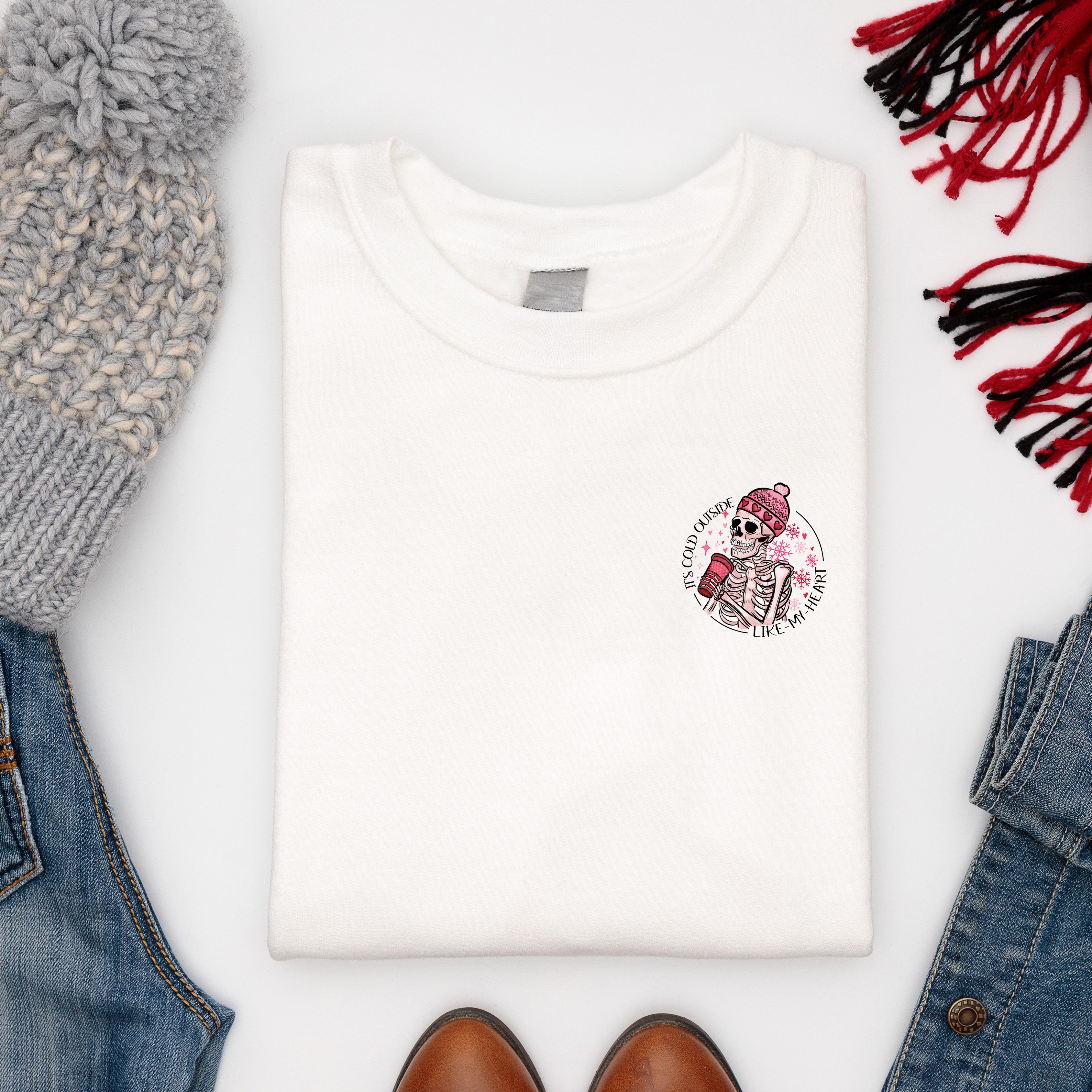 Tattoo style skeleton print design on soft white sweatshirt 