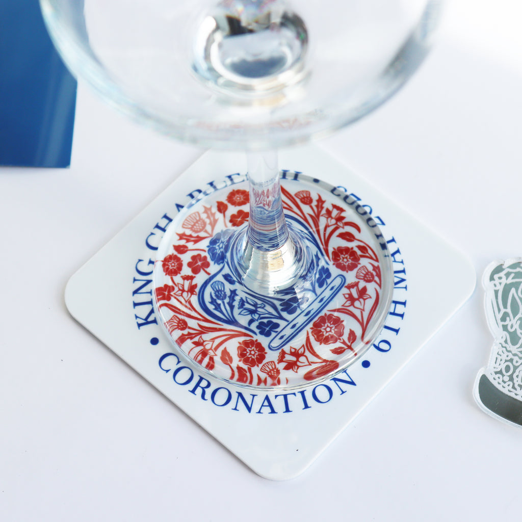 coronation coaster with official emblem on white acrylic