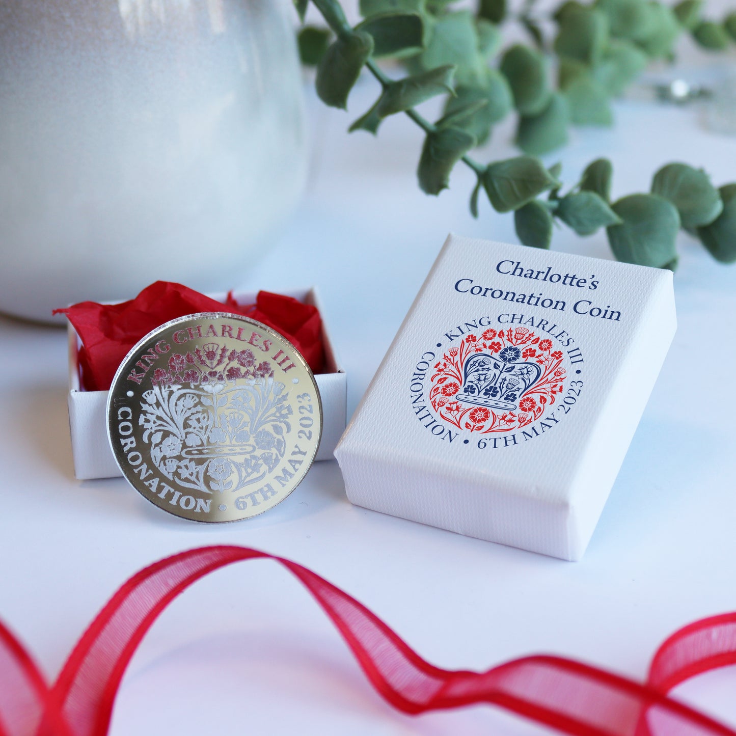 coronation commemorative coin for Charles III coronation in mini personalised keepsake box
