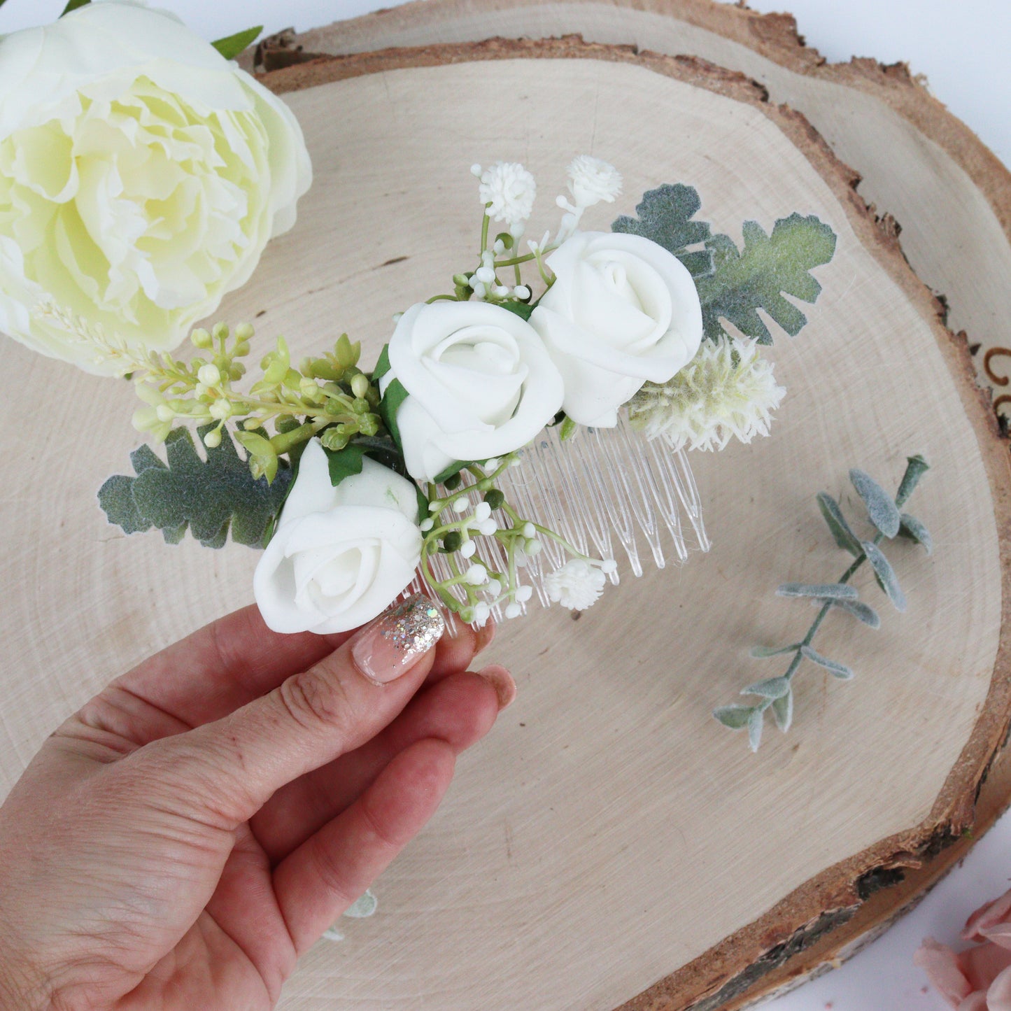 Cream And Sage Green Bridal Flower Comb
