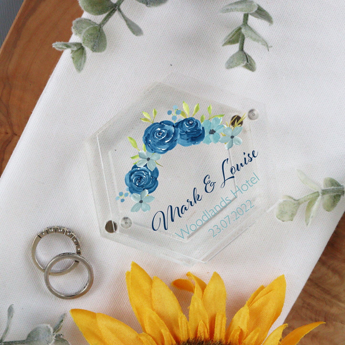 Wedding Ring Acrylic Ring Box Blue Flowers