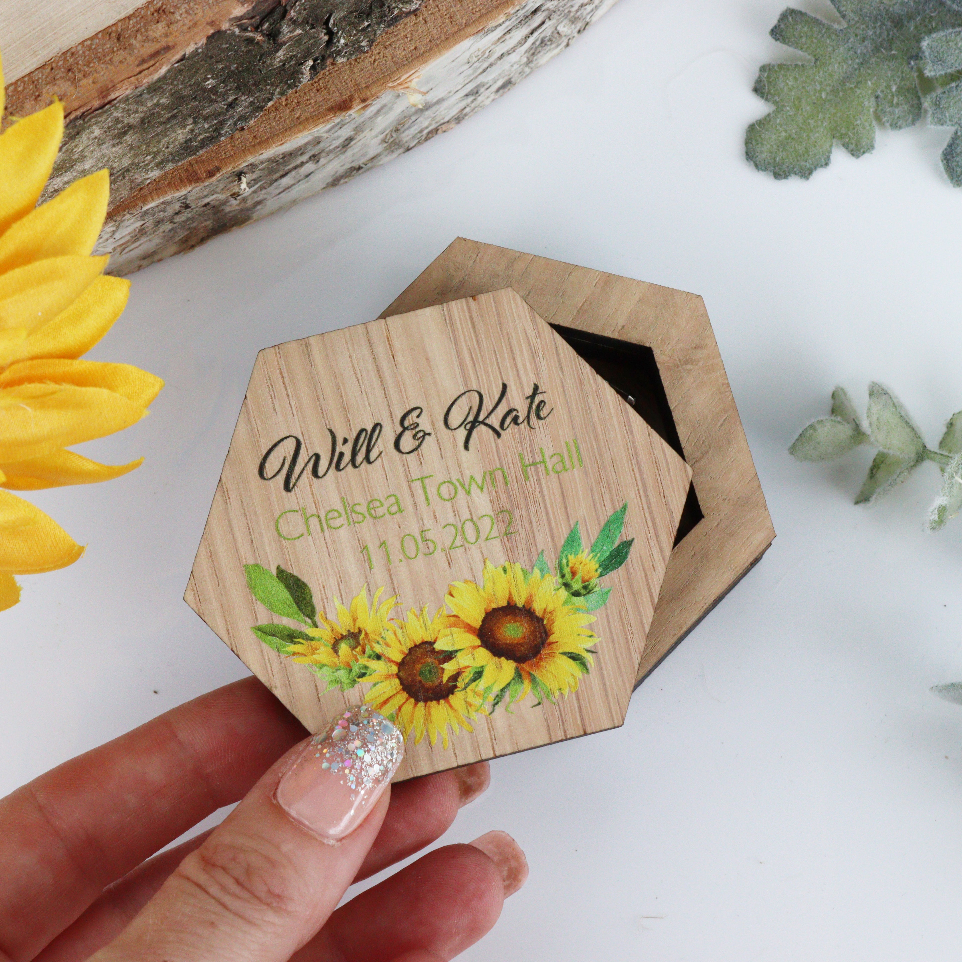 Personalised Wooden Wedding Ring Box Sunflower