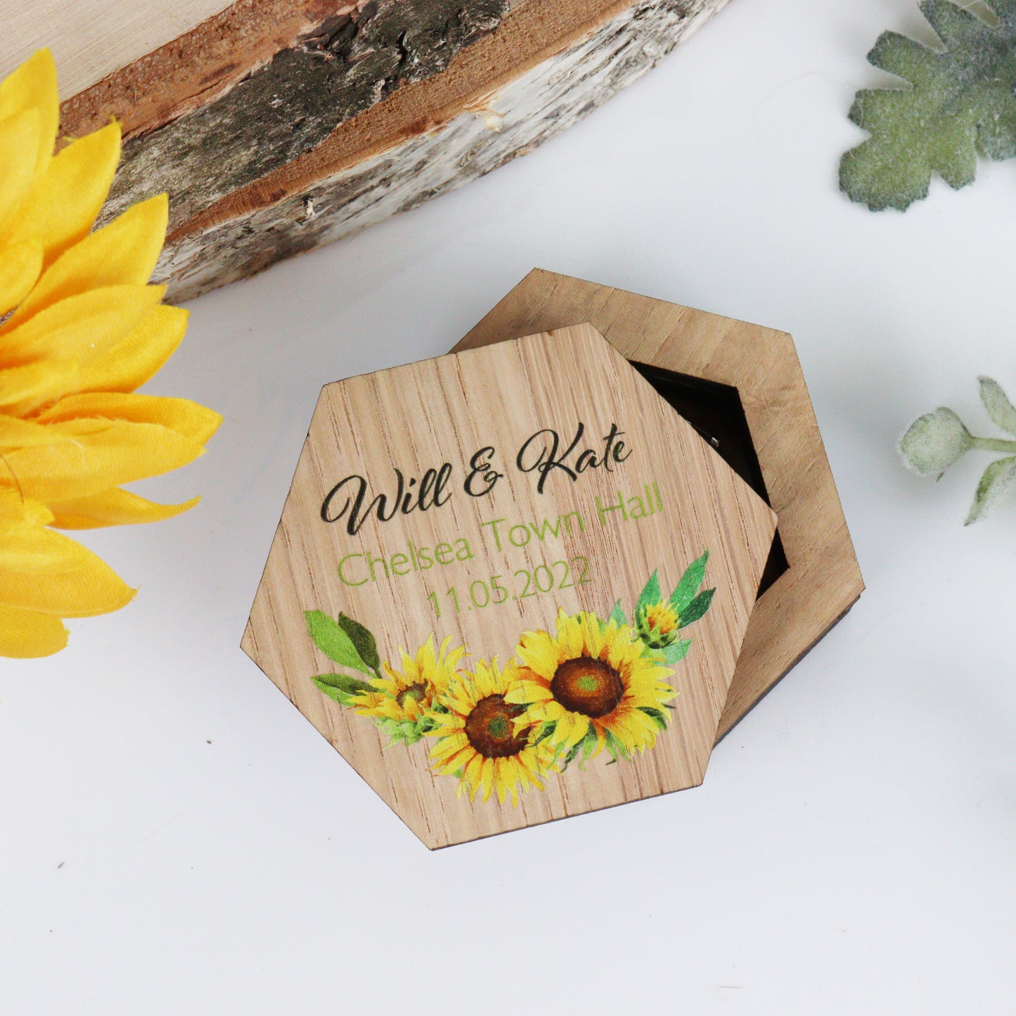 Personalised Wooden Wedding Ring Box Sunflower