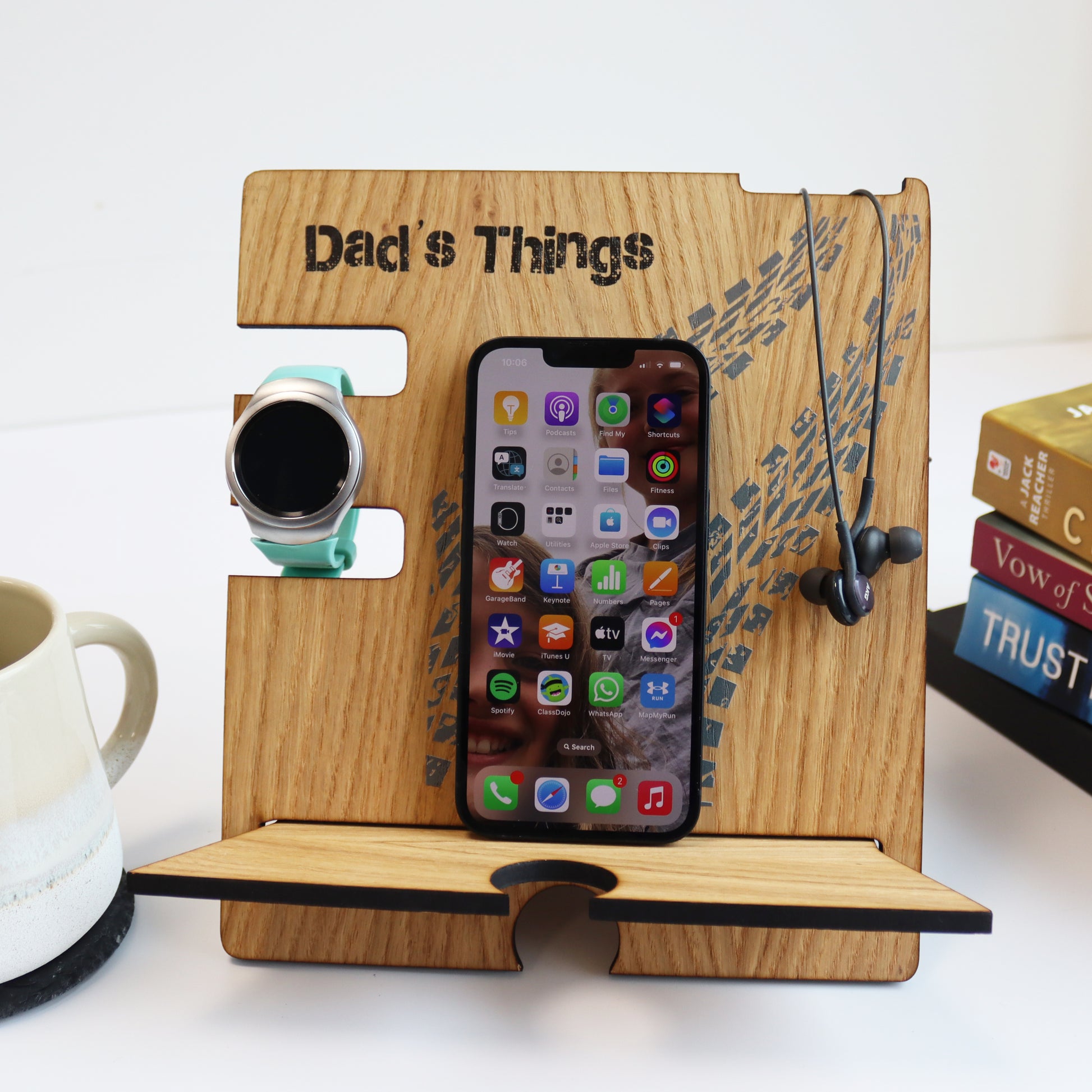 phone and watch wooden personalised holder