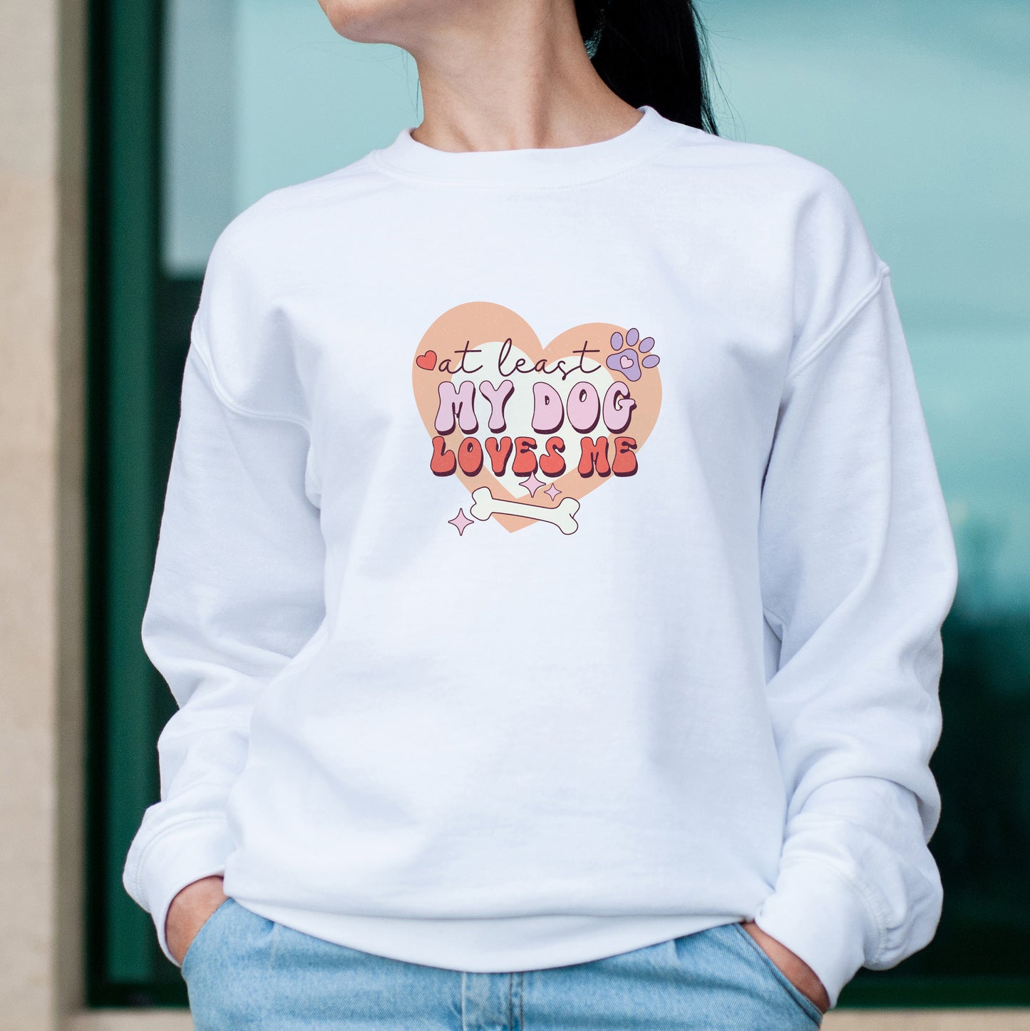 Casual white vegan sweatshirt with funny at least my dog loves me design anti valentine's