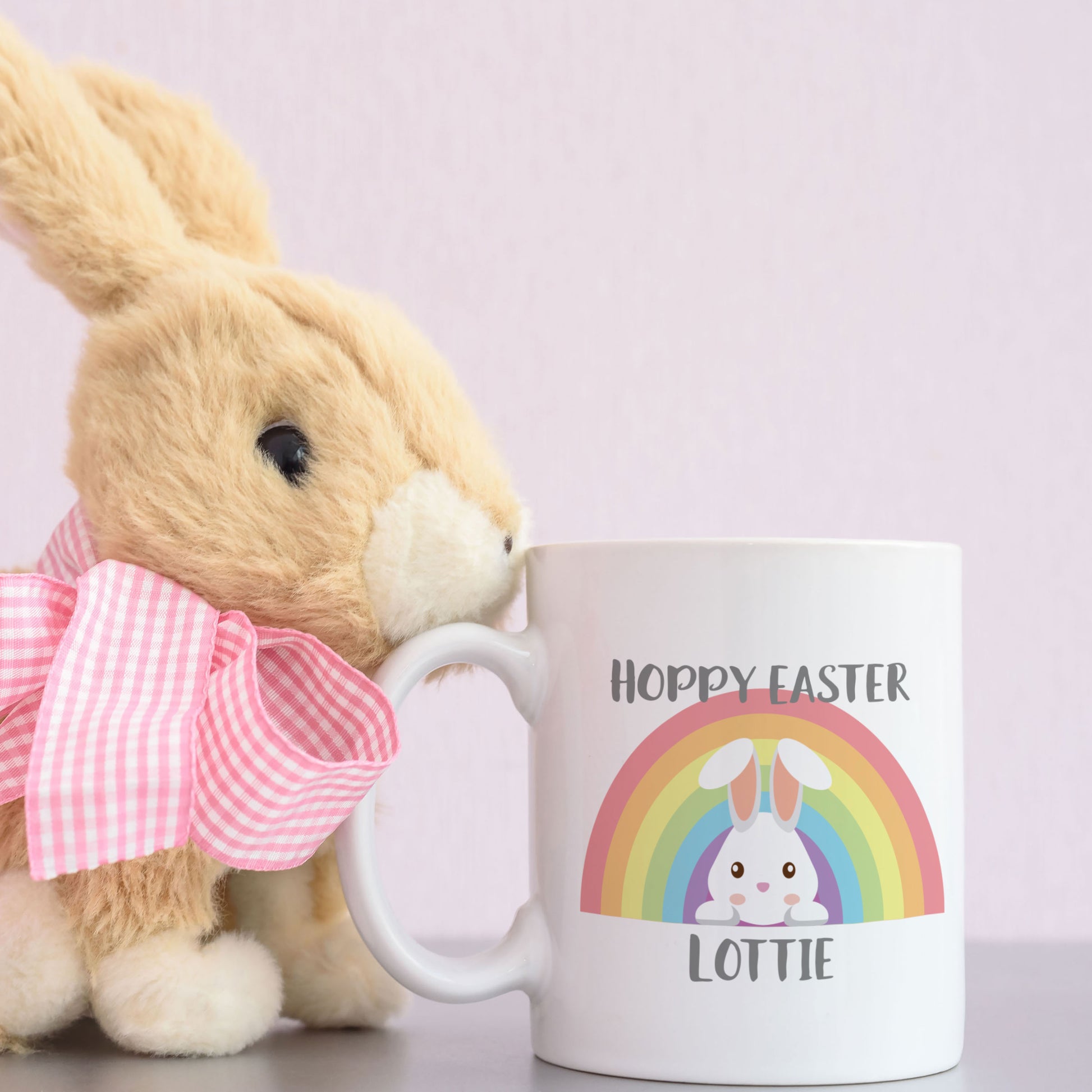 easter mug for child with rainbow and bunny design