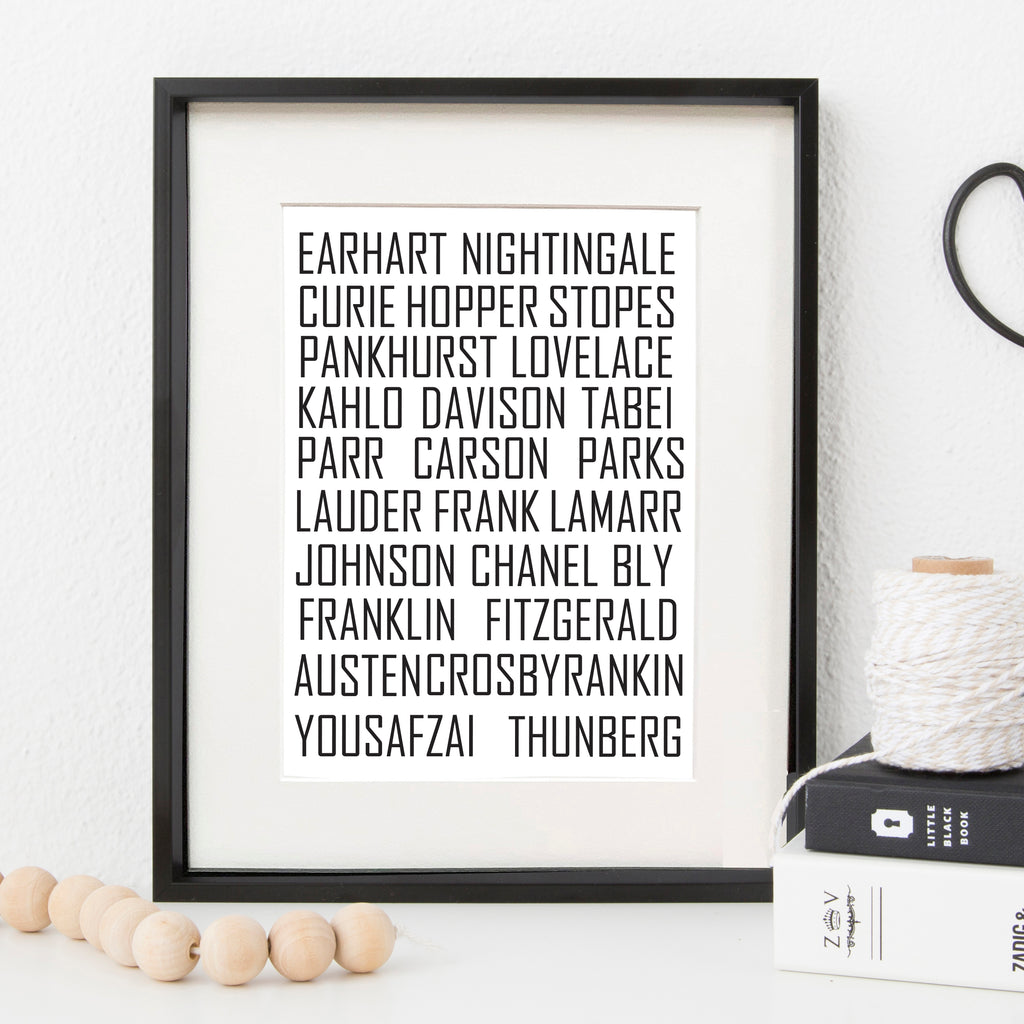 Typographic print listing famous women in history in bold black text