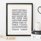 Typographic print listing famous women in history in bold black text