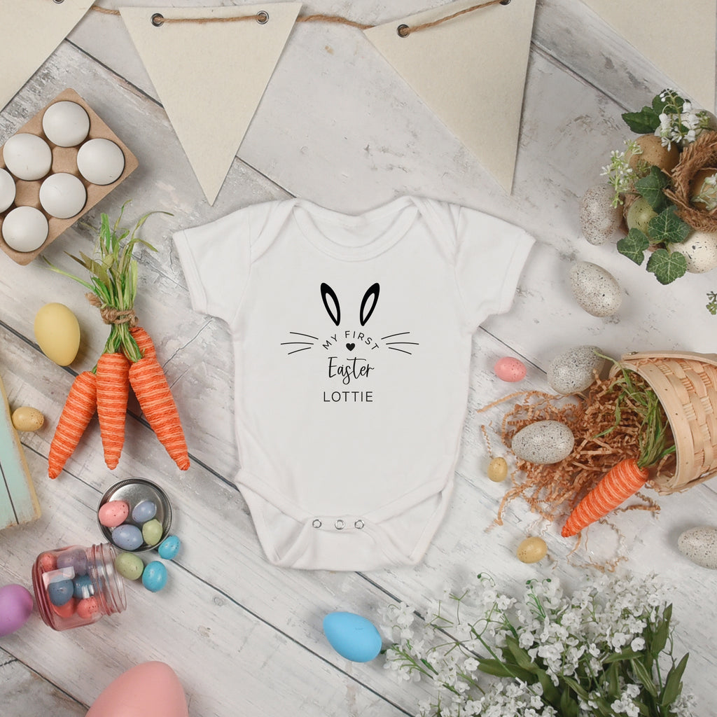 Soft organic cotton baby grow personalised with baby’s name for Easter.