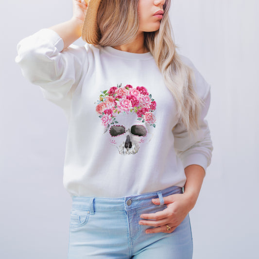 Flower skull print on a white super soft sweatshirt