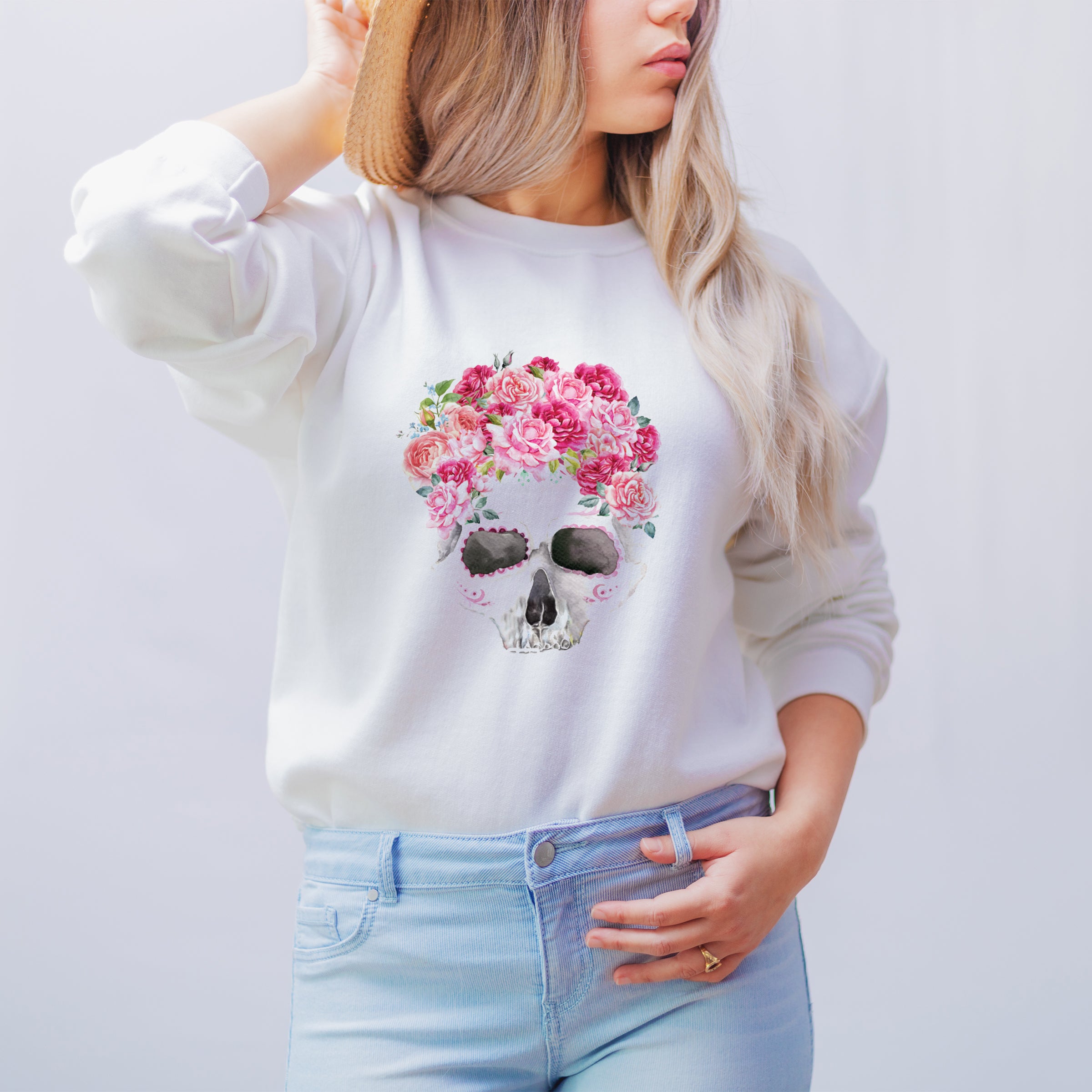 Flower skull print on a white super soft sweatshirt