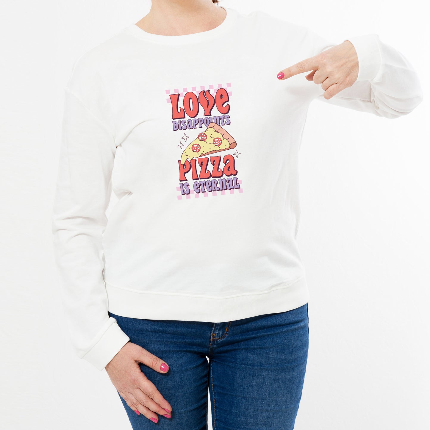 Love Pizza Valentine&#39;s design retro printed jumper on model