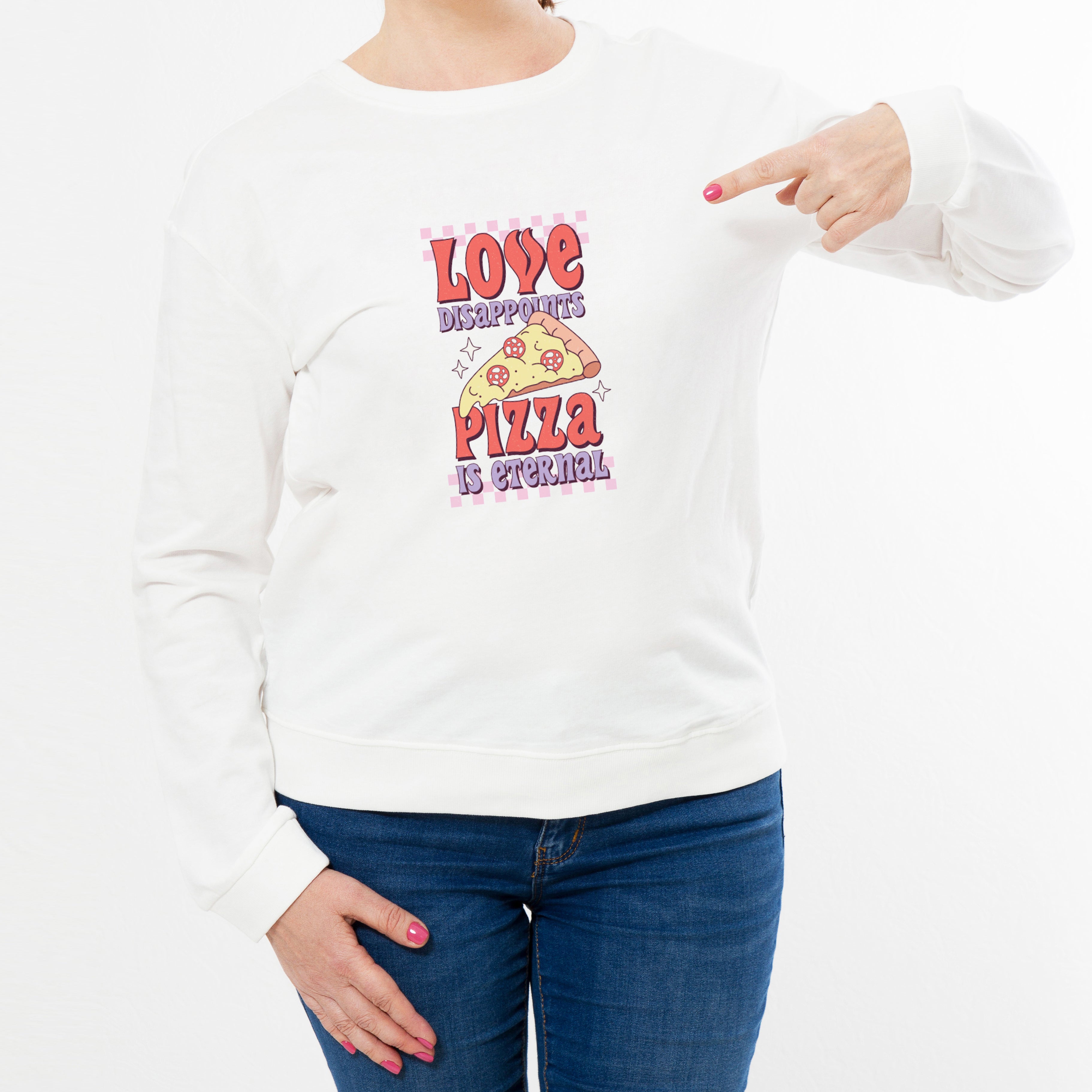 Love Pizza Valentine's design retro printed jumper on model
