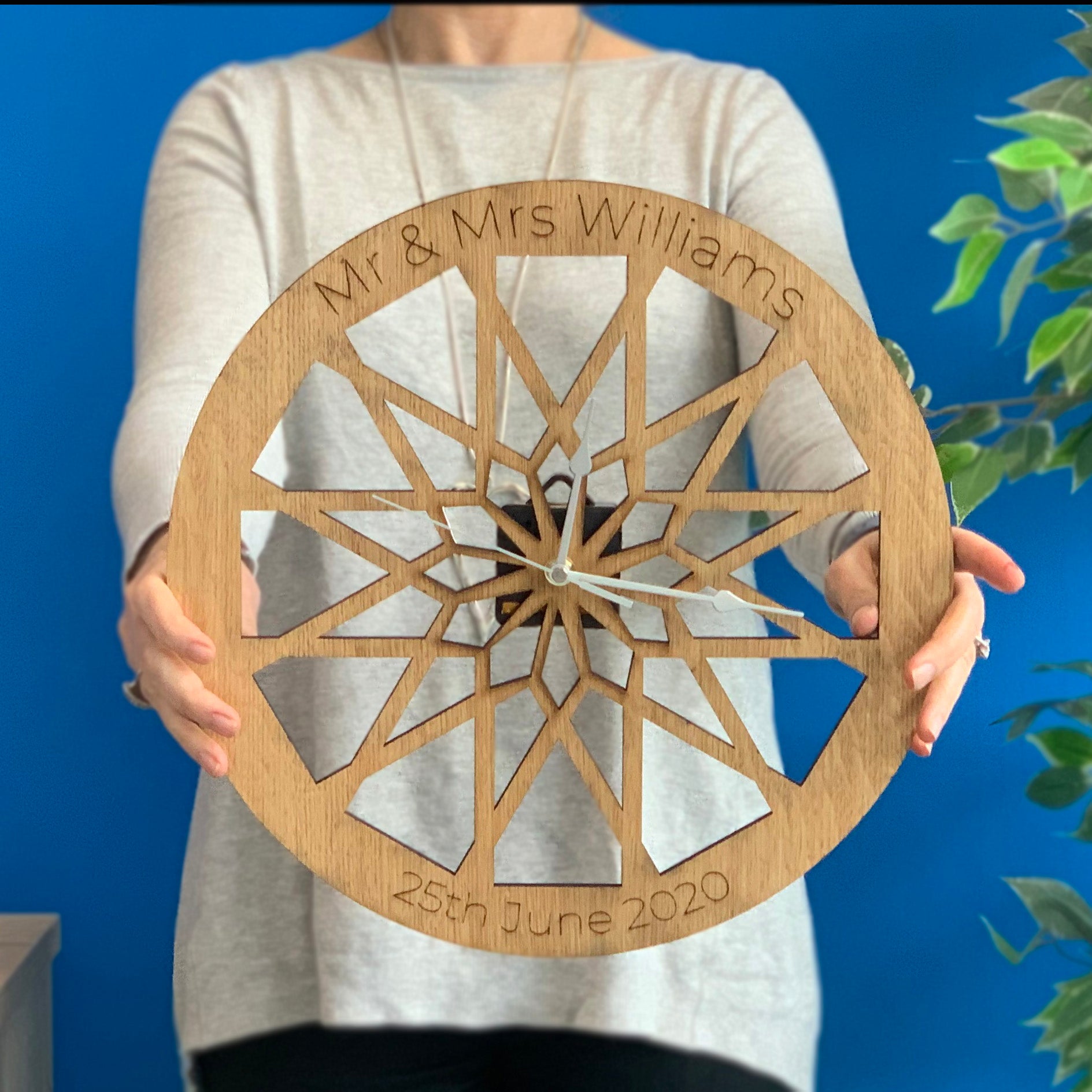 Personalised Geometric Oak Clock