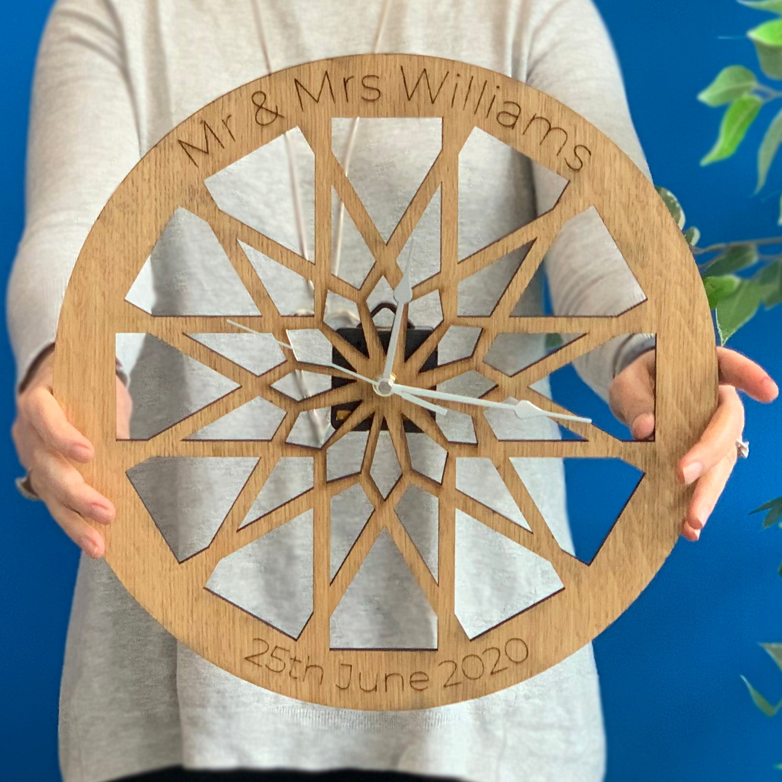 Personalised Geometric Oak Clock