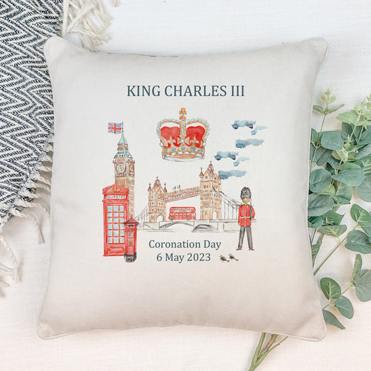 king Charles III coronation queen consort Camilla cushion cover royal memorabilia May 2023 cushion cover commemorative