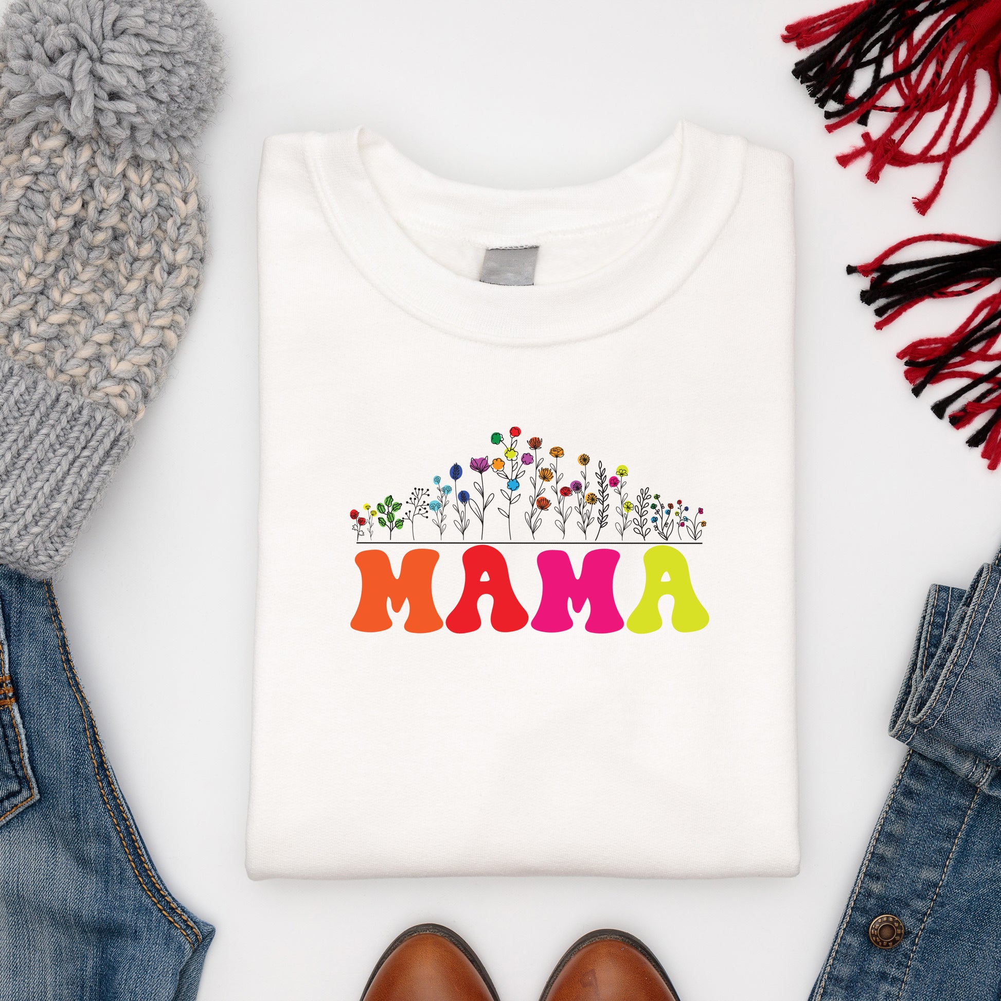 Super soft white sweatshirt with Mama print paired with winter woollies