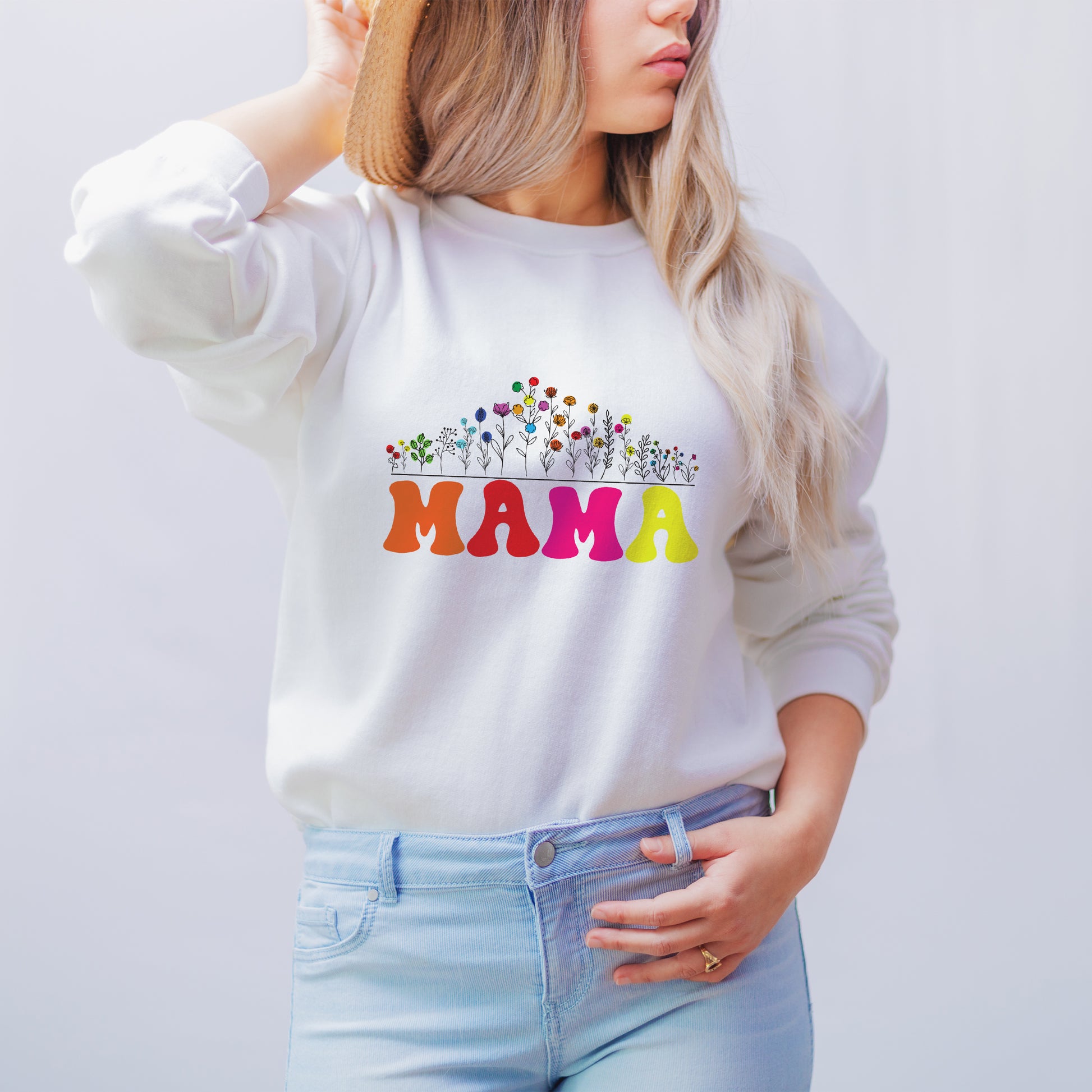 Casual new Mama soft white sweatshirt paired with jeans