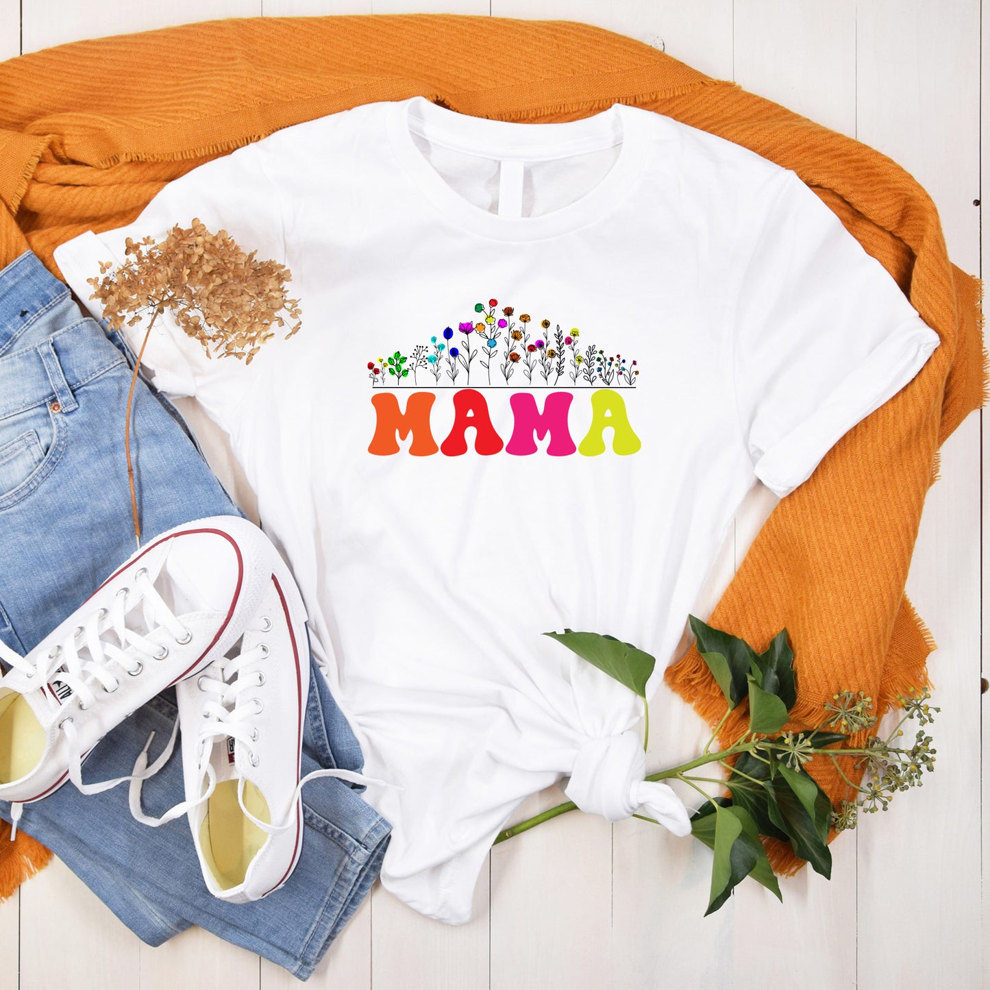 Colourful Mama print on organic cotton white t shirt paired with jeans pumps and hoody