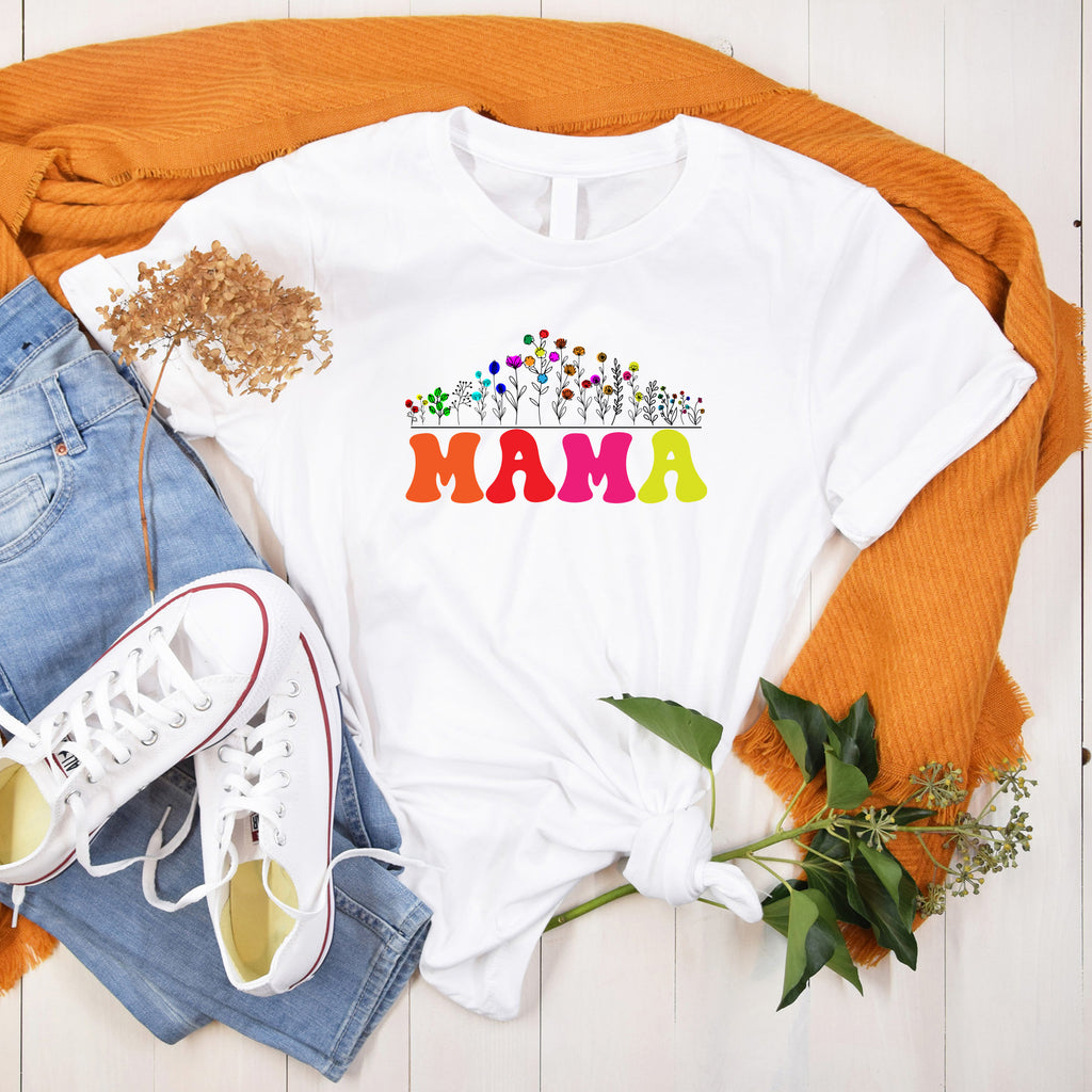 Colourful Mama print on organic cotton white t shirt paired with jeans pumps and hoody