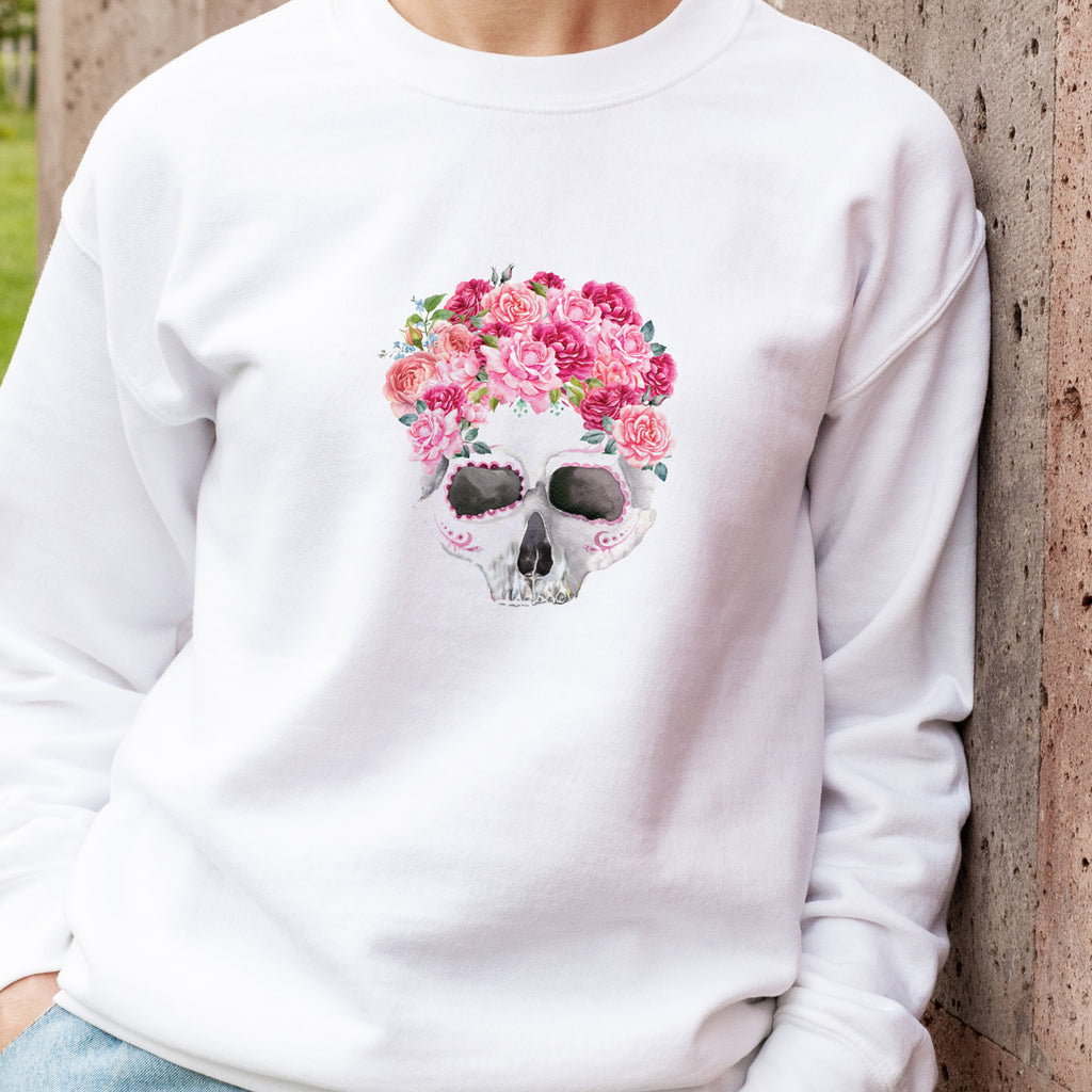 Colourful skull print tattoo style white jumper