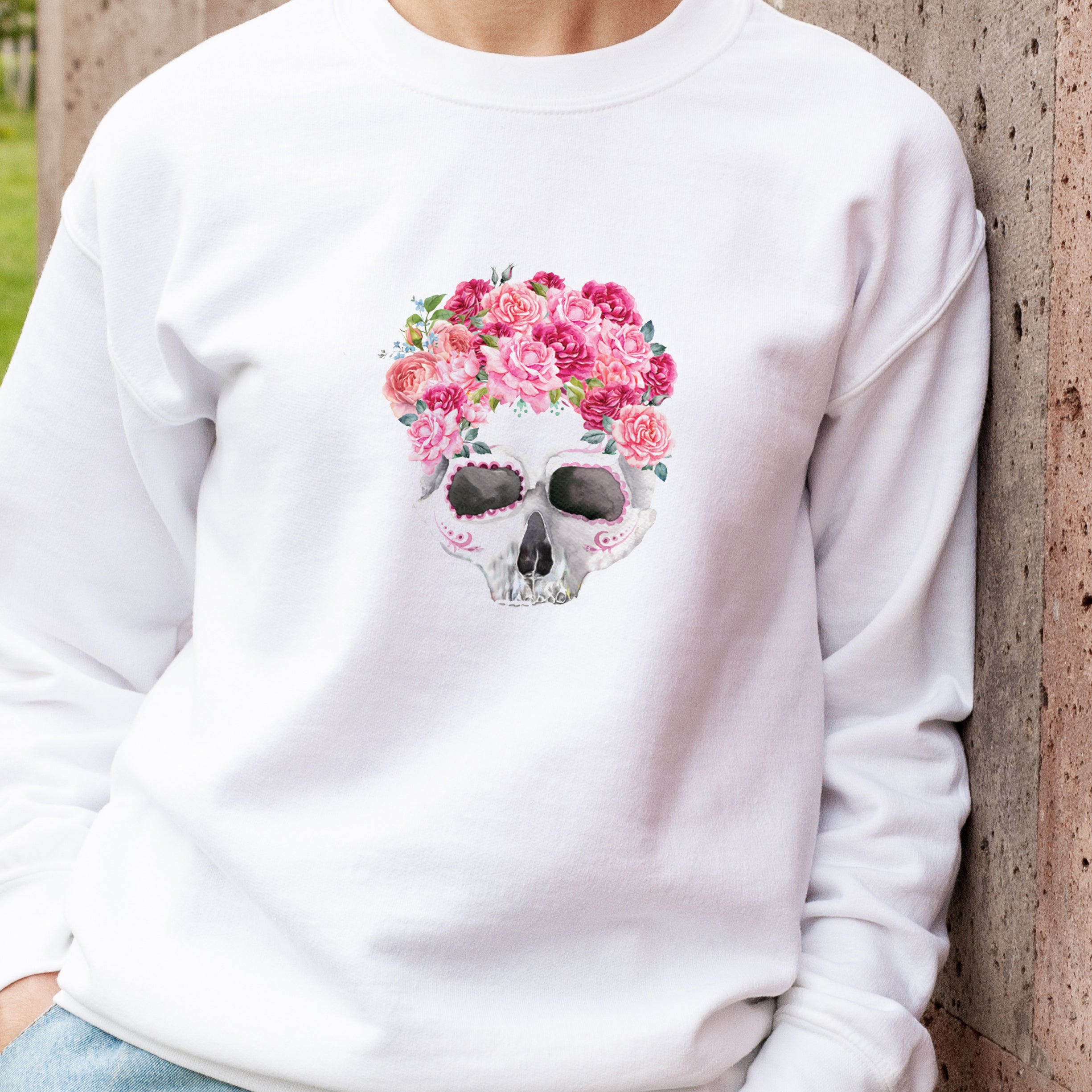 Colourful skull print tattoo style white jumper