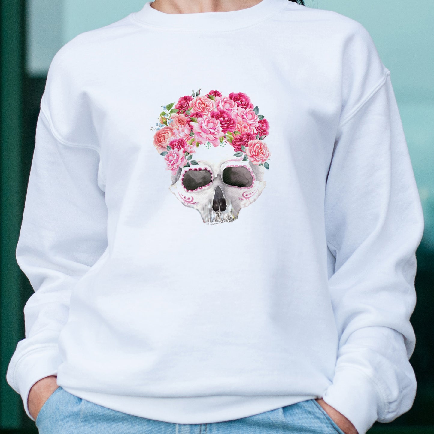 Pink flower skull design for Rocket mum white sweatshirt paired with jeans