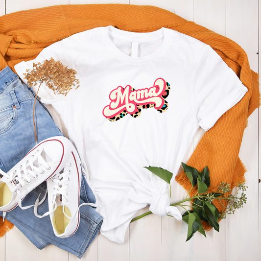 Mama slogan white t shirt with retro font and leopard print design