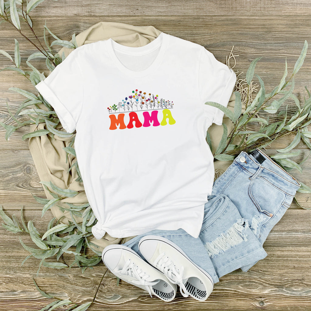 Bright colour flower Mama design on organic cotton white t shirt