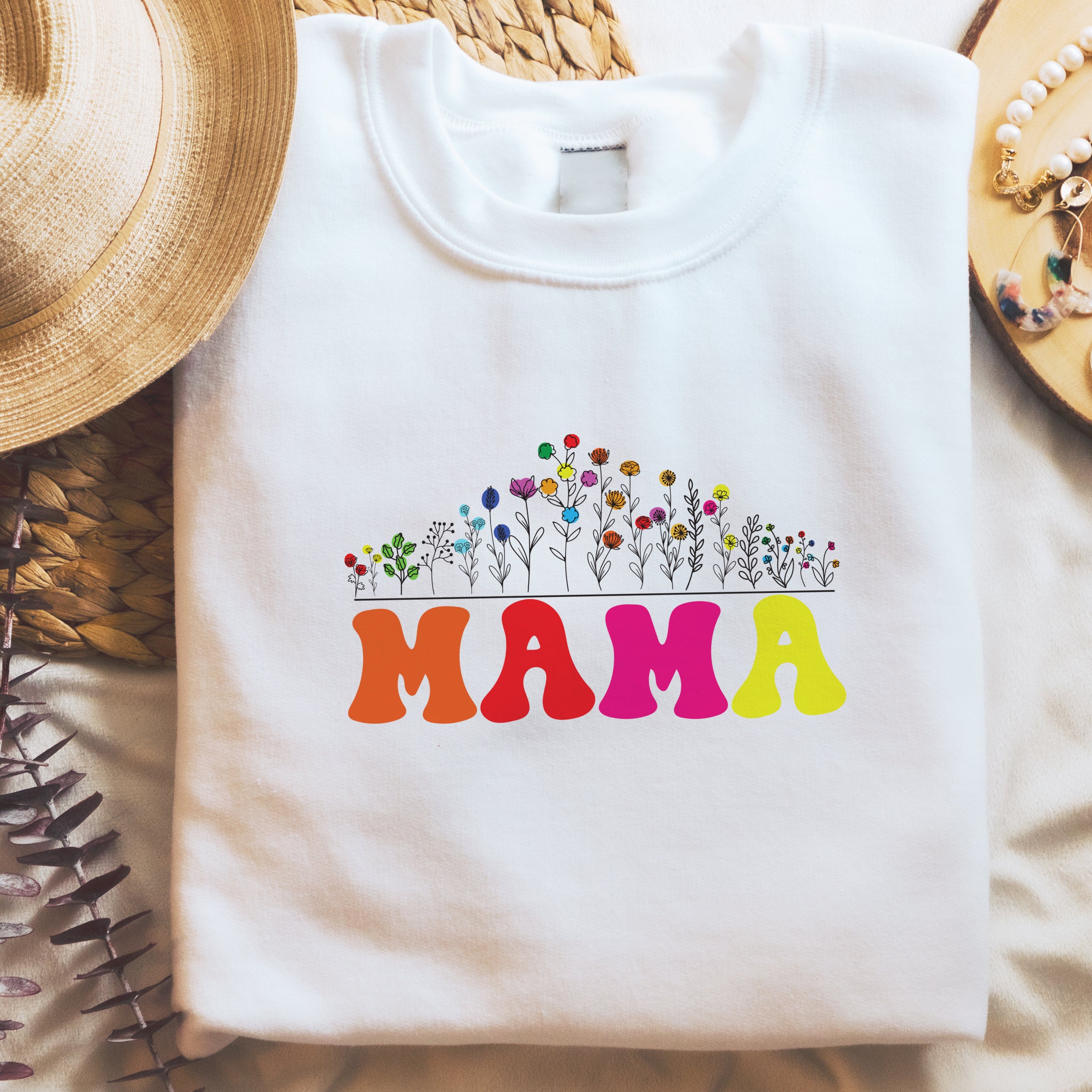 Super soft vegan friendly white sweatshirt for Mama with fluorescent flower print
