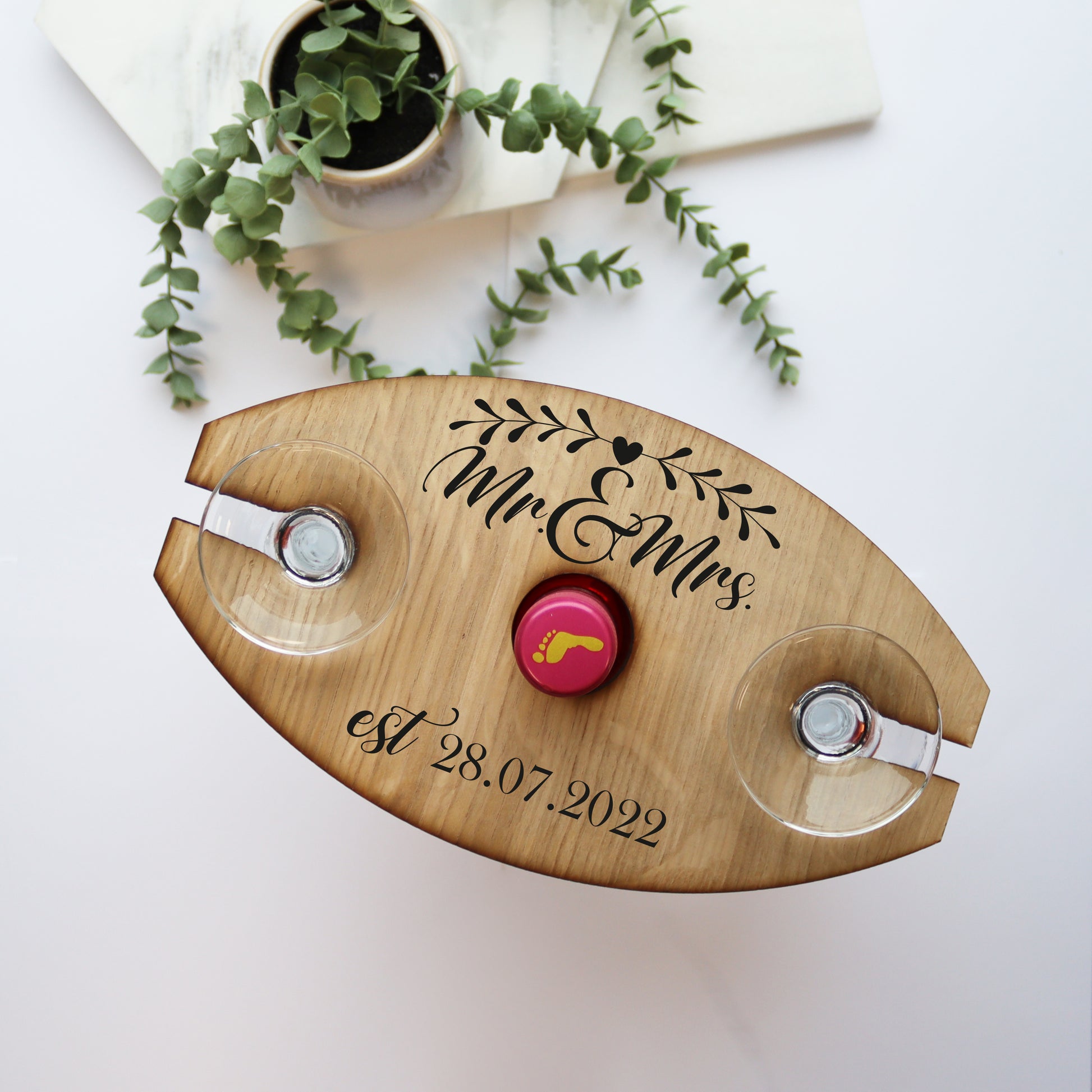mr & mrs wooden wine butler wine bottle holder and wine glass holder wedding gift personalised