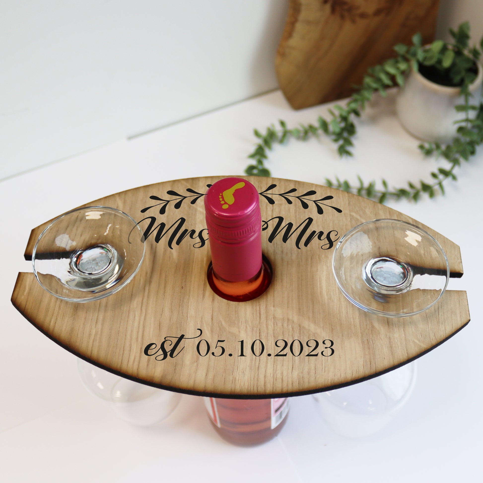 mrs and mrs wine personalised wedding gift wooden wine butler wine bottle holder and wine glass holder wedding gift