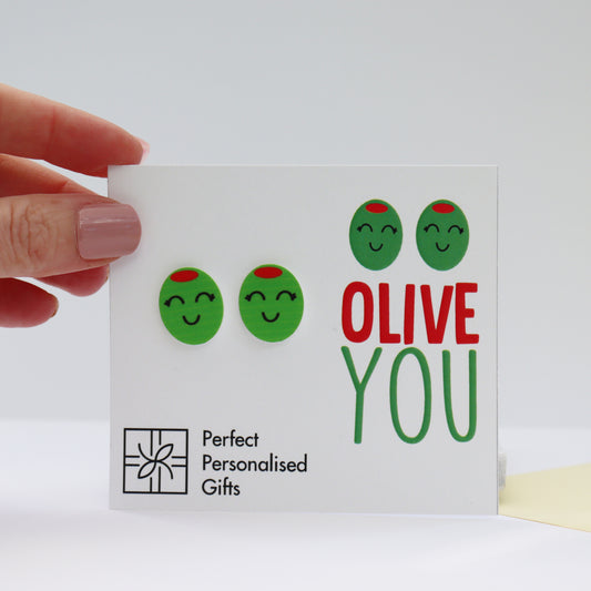 olive you stud olive earrings on white backing