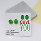olive you stud olive earrings on white backing with print Olive You