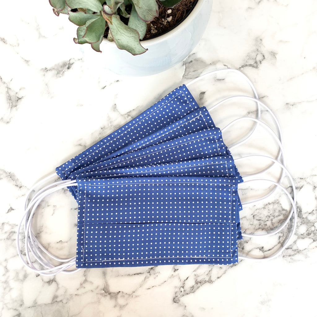 Pack Of Five Steel Blue Polka Dot 100% Cotton Facemask