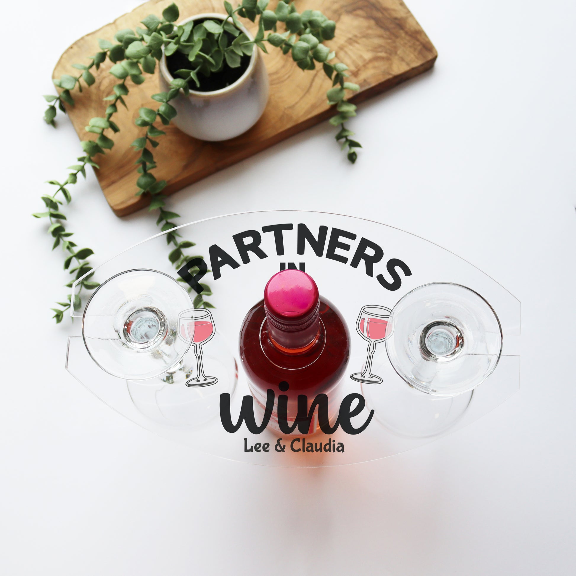 partners in wine printed acrylic wine bottle and wine glass holder personalised with two peoples names