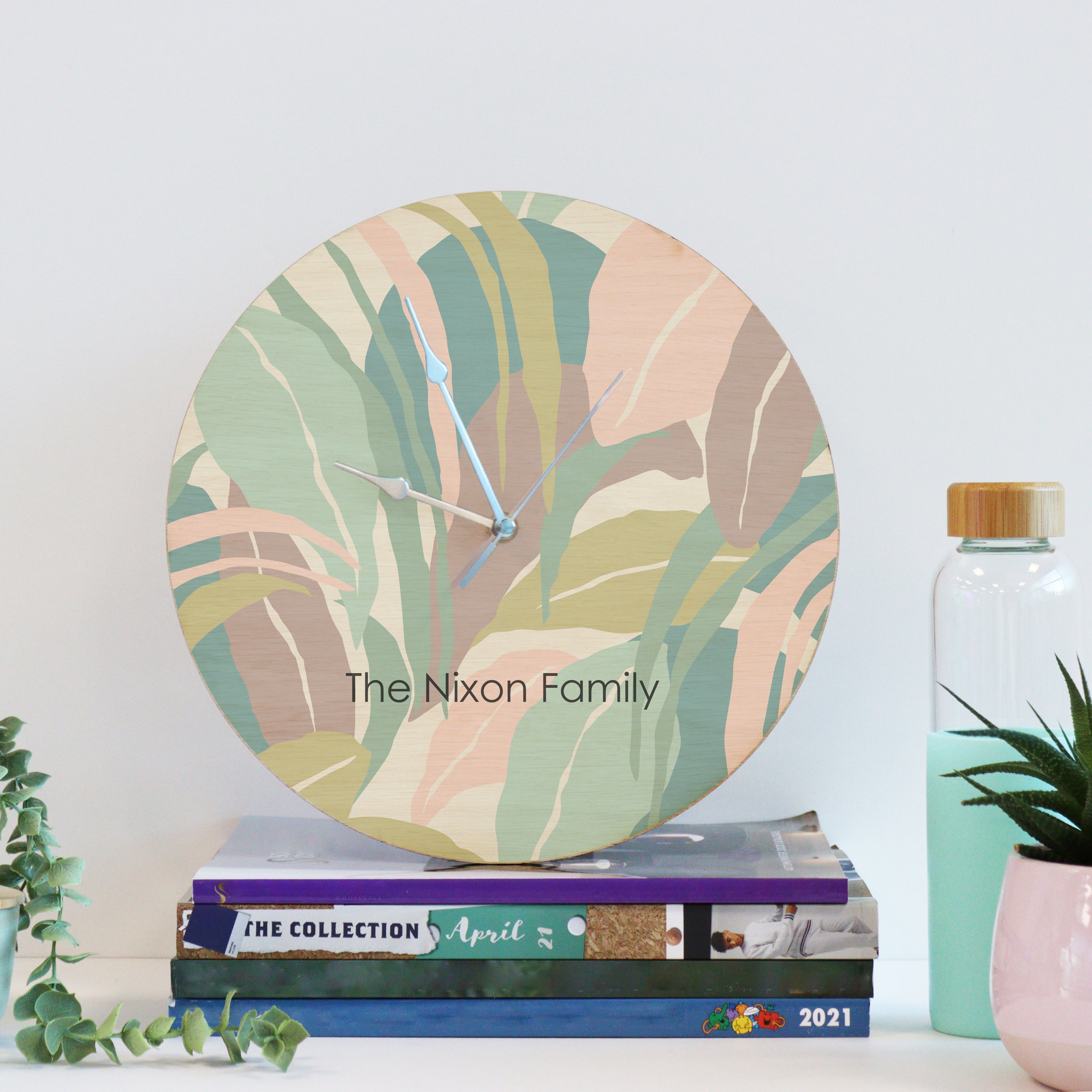 Printed Modern Pastel Leaf Wooden Clock