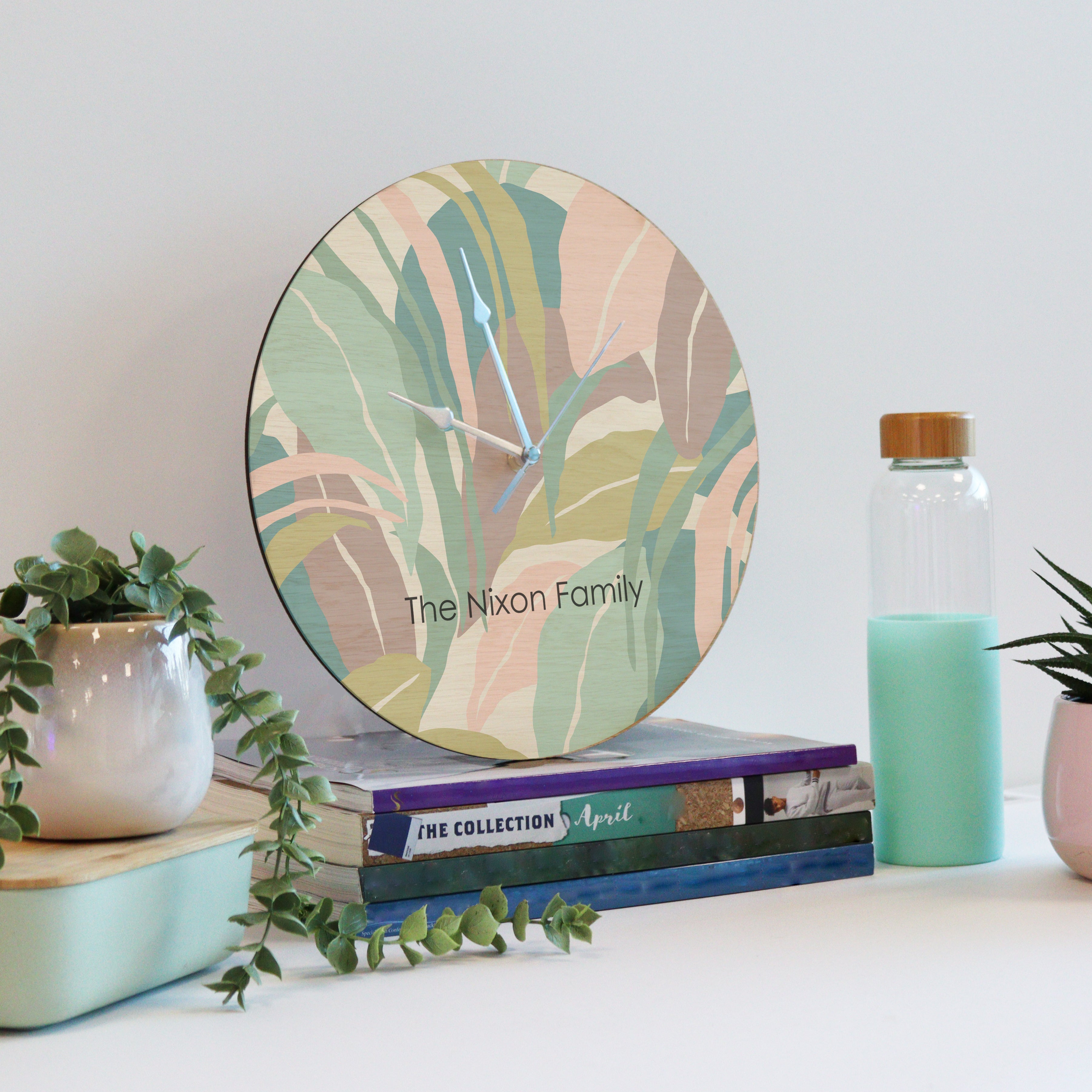 Printed Modern Pastel Leaf Wooden Clock