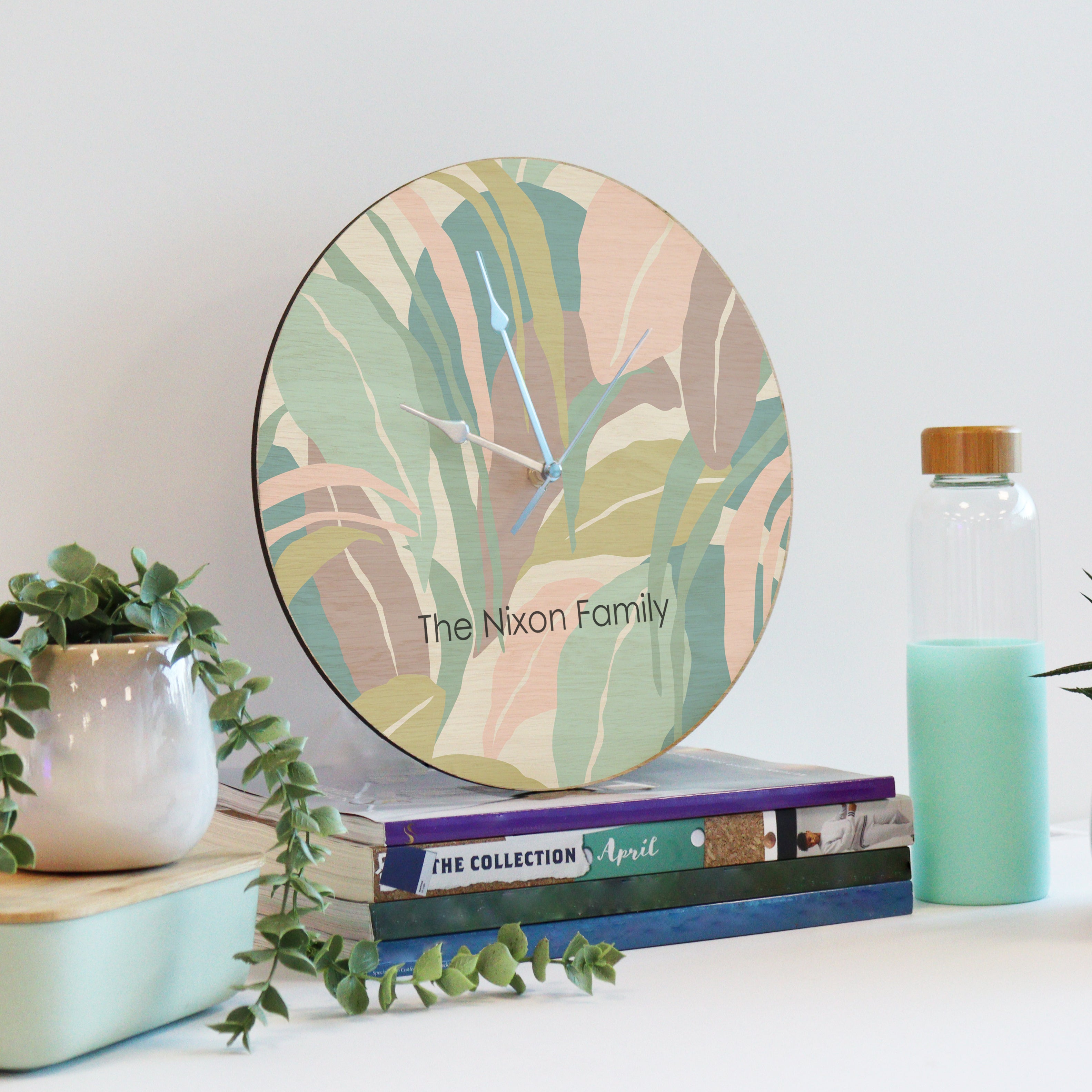Printed Modern Pastel Leaf Wooden Clock