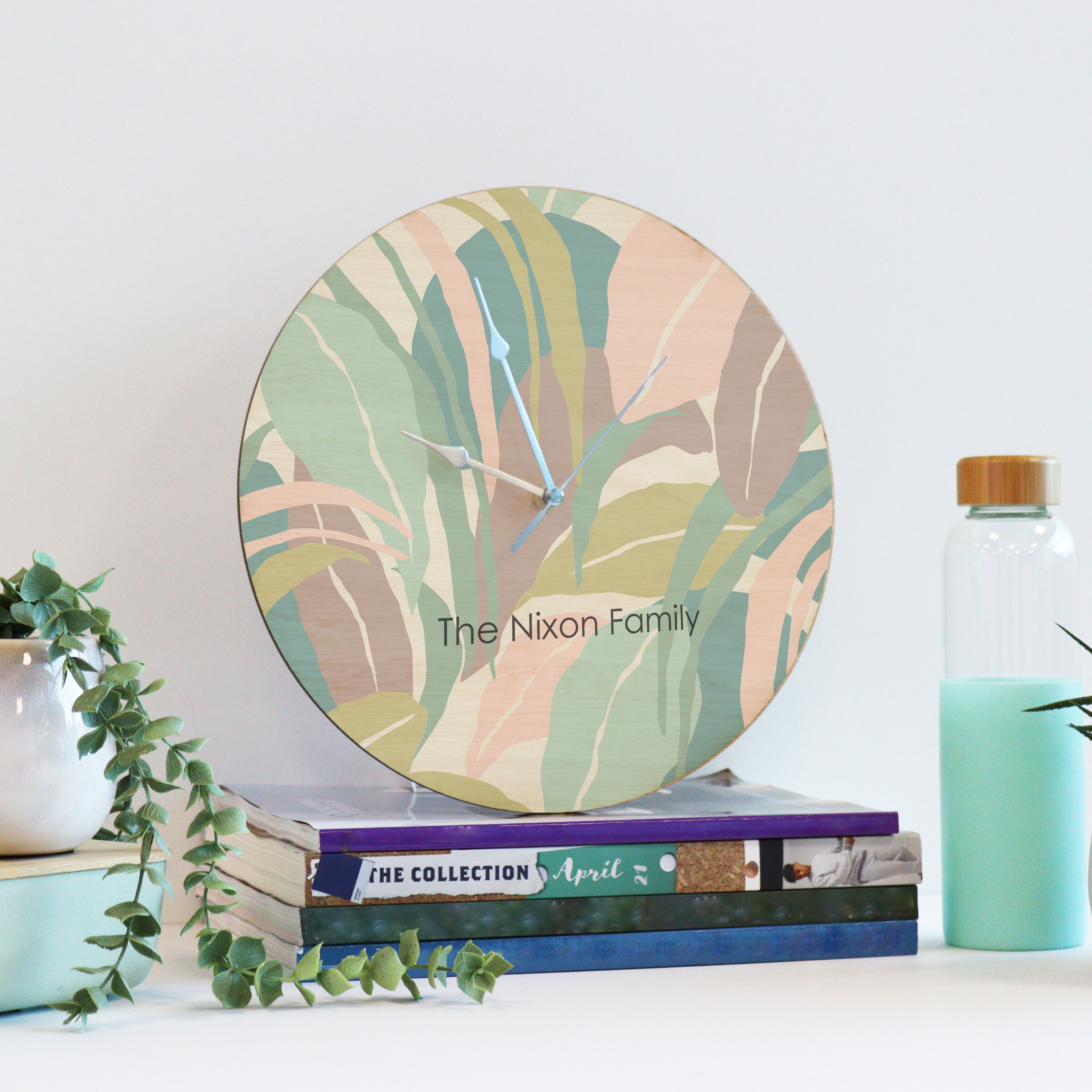Printed Modern Pastel Leaf Wooden Clock