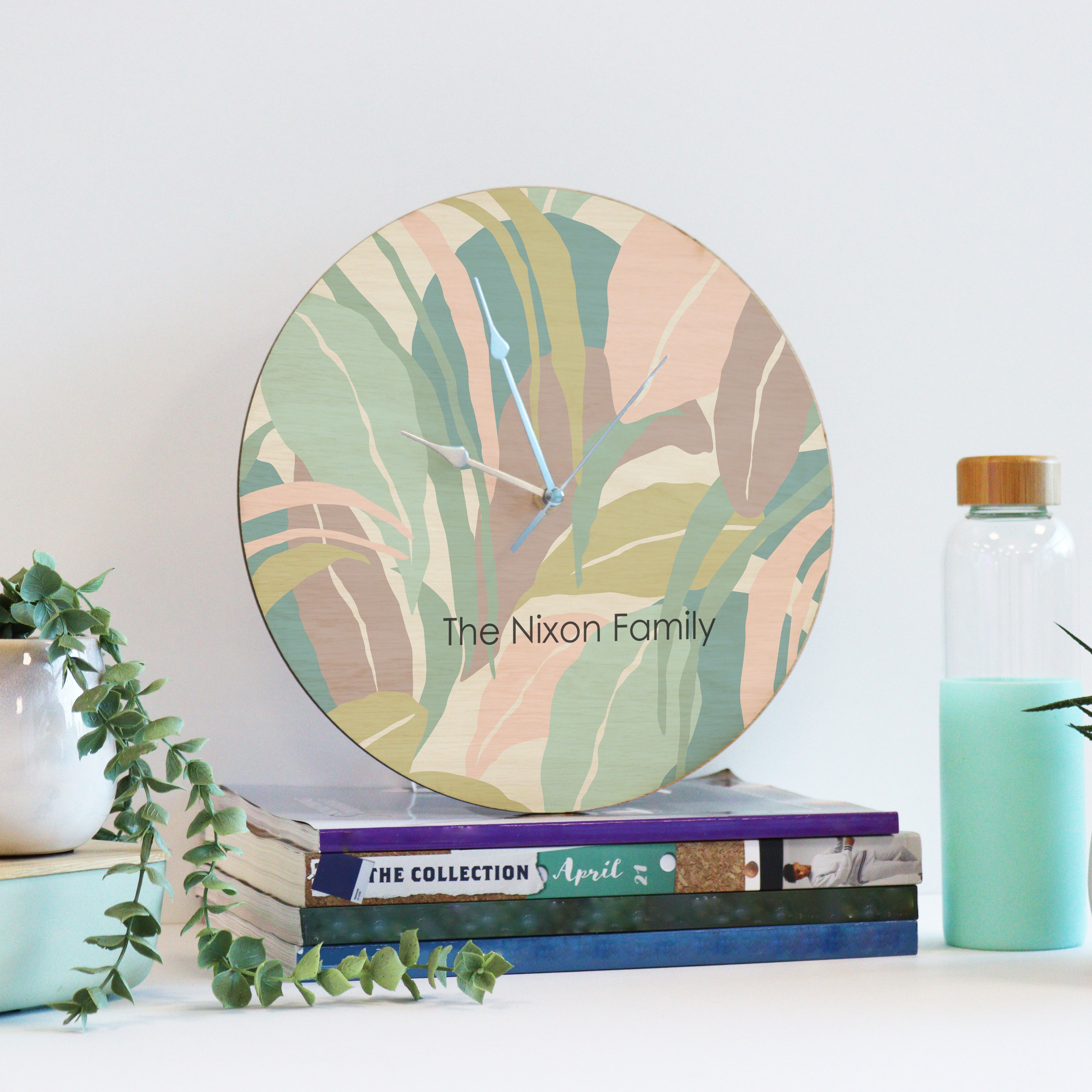 Printed Modern Pastel Leaf Wooden Clock