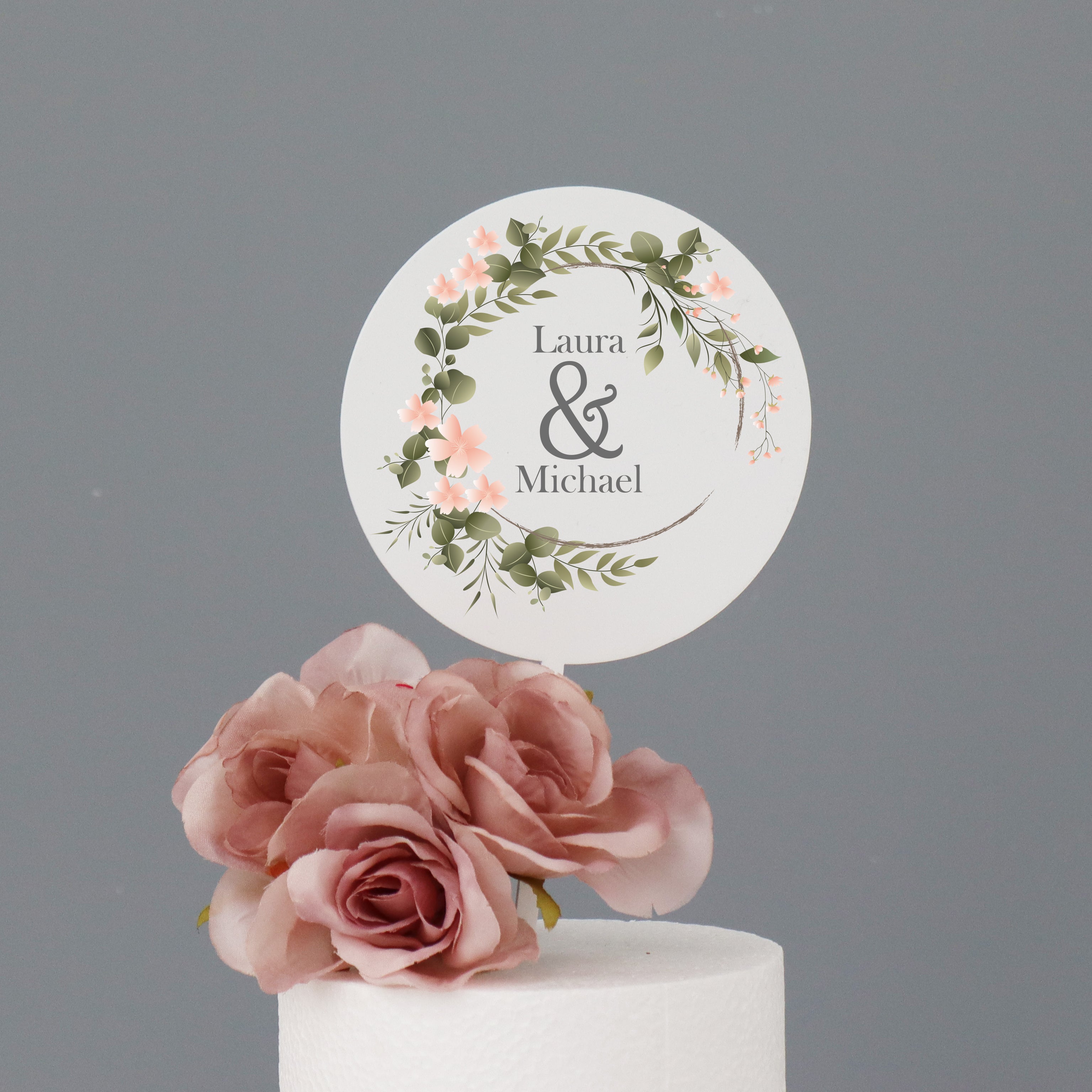 Personalised Wedding Cake Topper With Pink Flowers