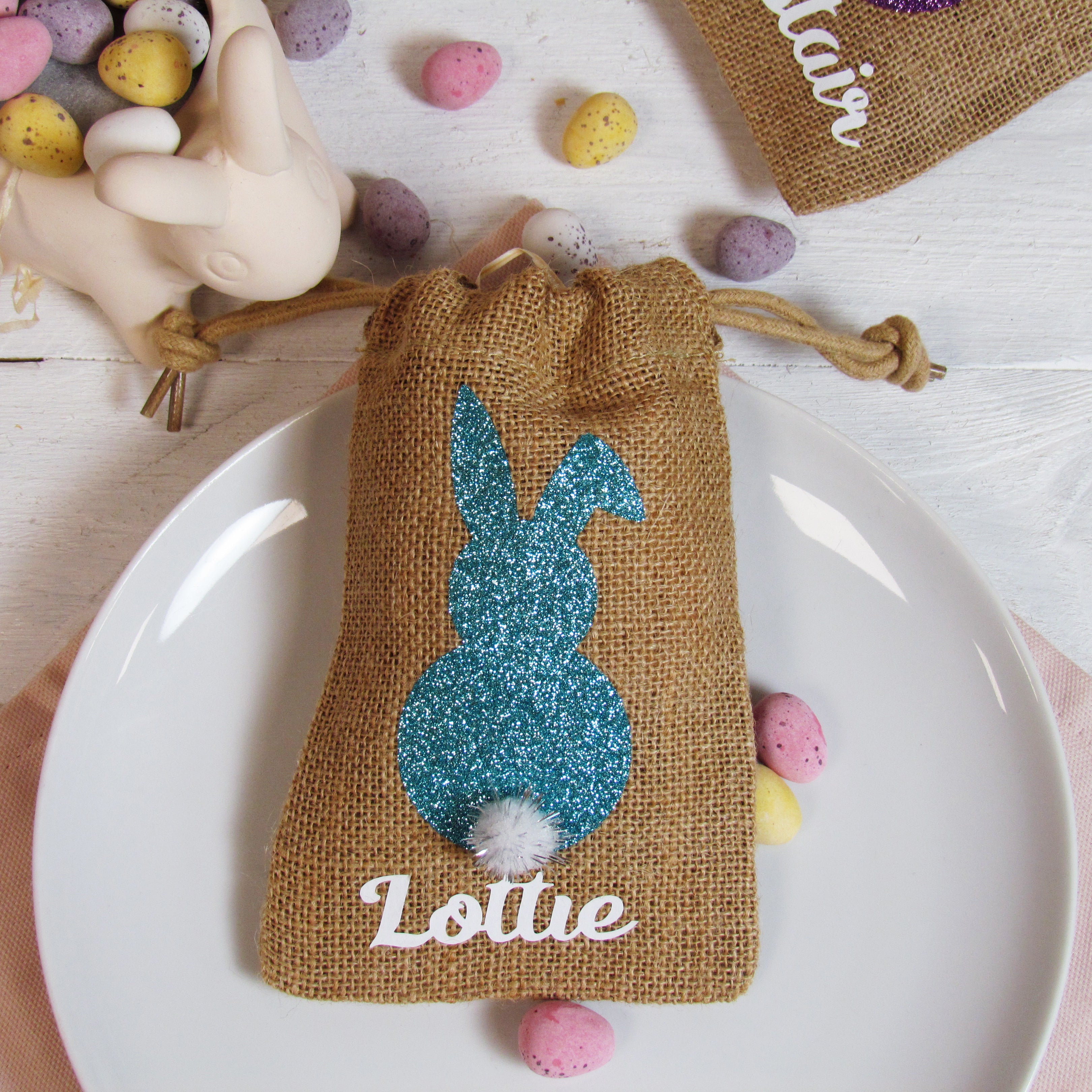 Personalised mini jute bags for Easter treats or place settings