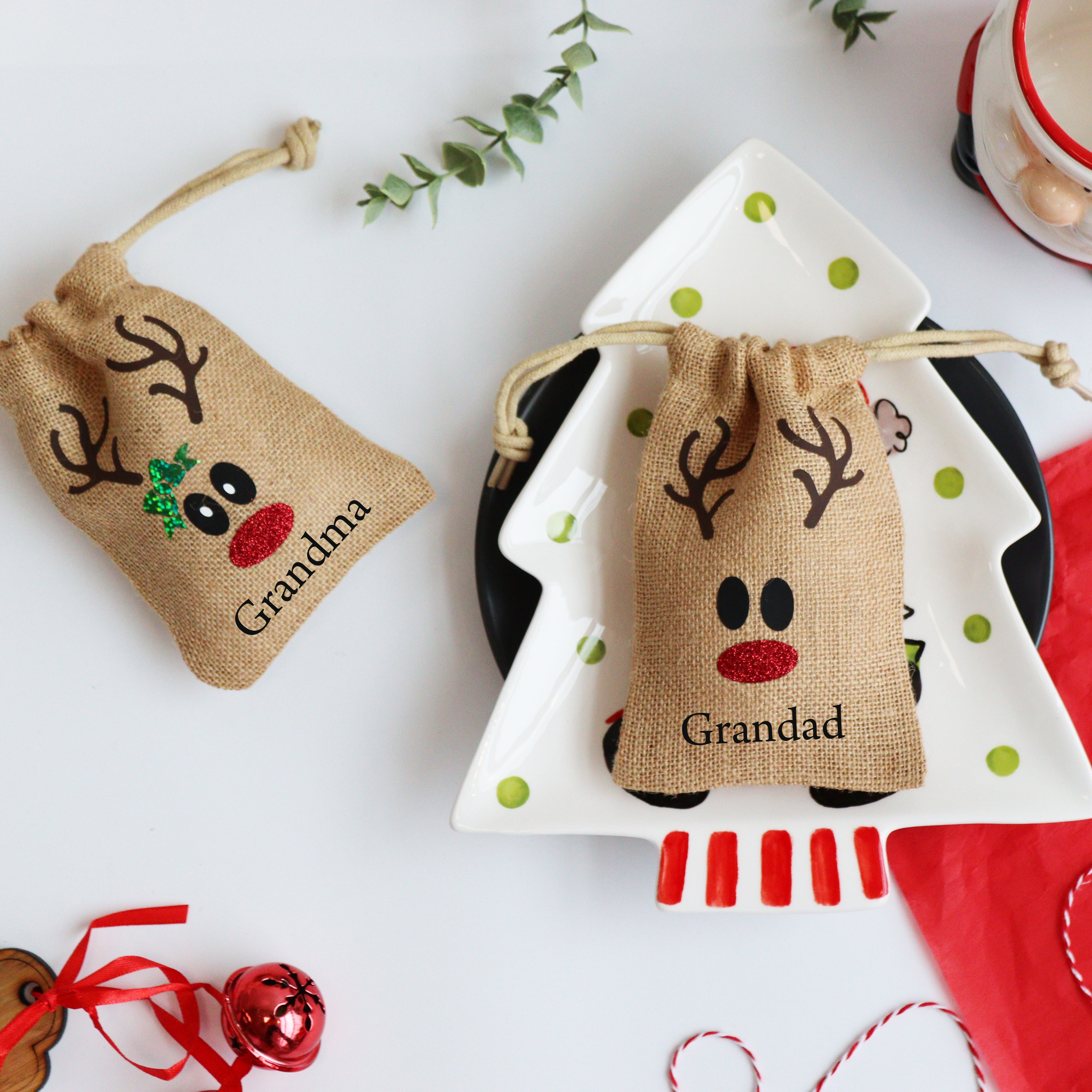 Rustic Christmas table place setting jute bags